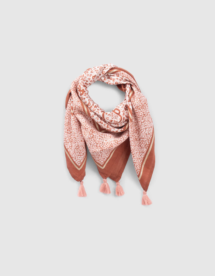 Chèche écru motifs léopard-coeurs et message fille