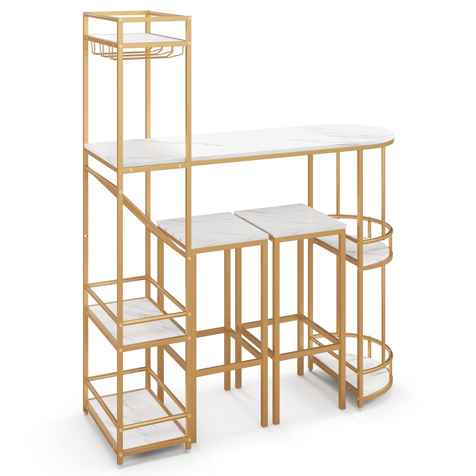 COSTWAY Bartisch, mit Hocker 2er Set, Mamor, mit Ablage, Glashalter&Weinregal