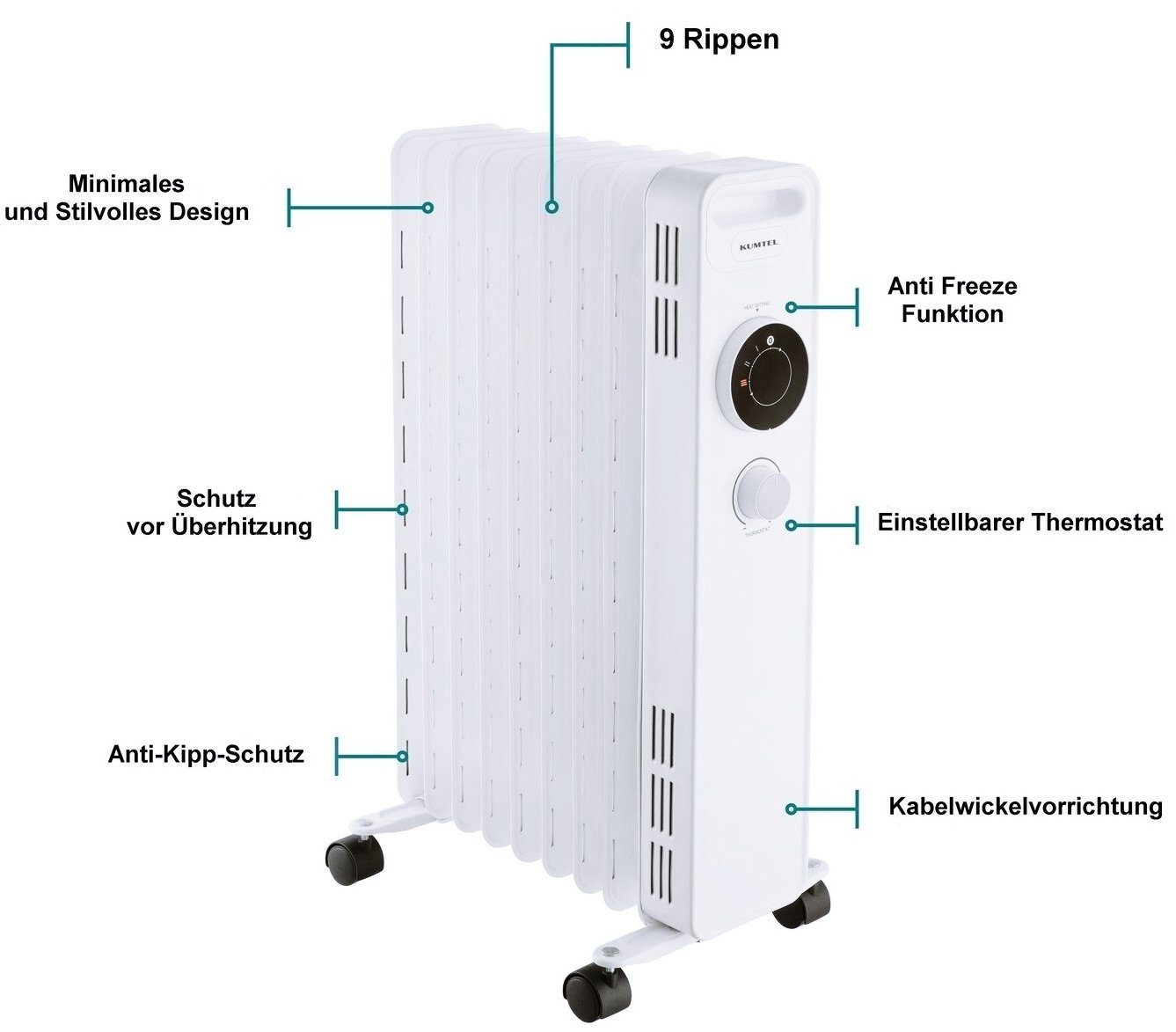 KUMTEL Ölradiator KUM-1225 Heizgerät Elektroheizung für Wohnräume, 2000 W, 9 Rippen Heizkörper, 3 Heizstufen, Energiesparend, Heizstrahler