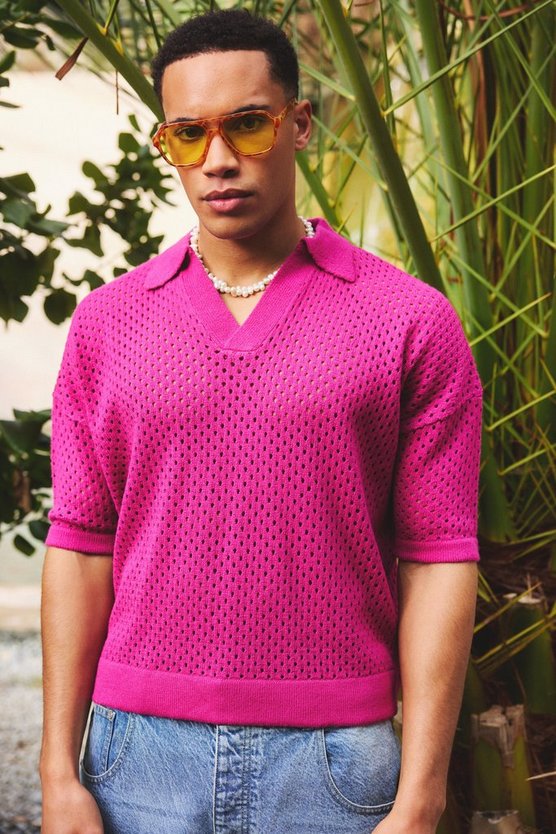 Kurzärmliges kastiges Strick-Poloshirt in Pink