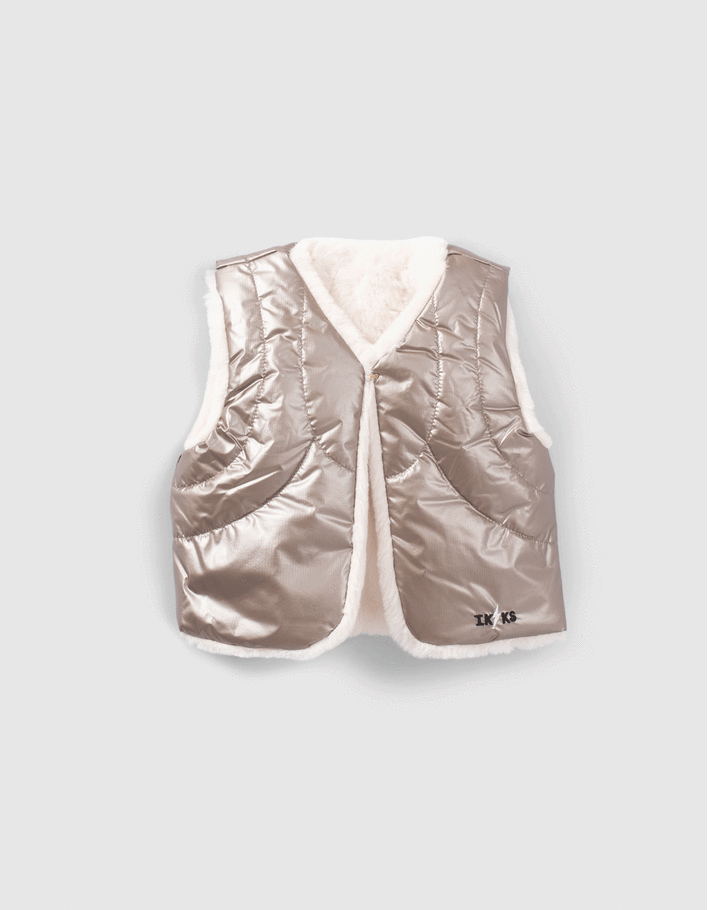 Gilet réversible doré et écru fourré bébé fille