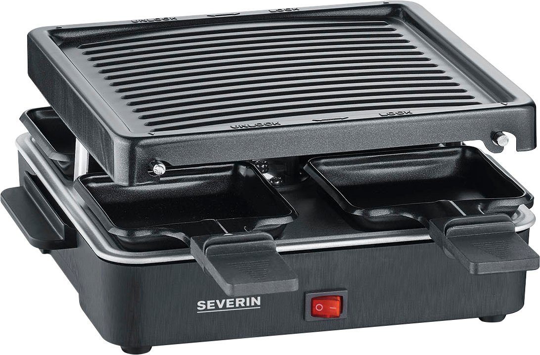 Severin Raclette RG 2370, 4 Raclettepfännchen, 600 W, Grillplatte, Antihaftbeschichtung, Kompaktes Design, Kontrollleuchte