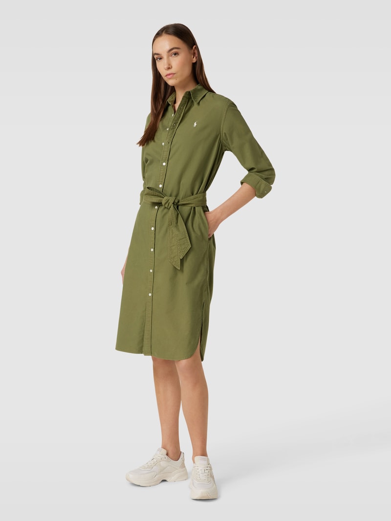 Blusenkleid mit Logo-Stitching und Bindegürtel Modell 'CORY' in olivgrün