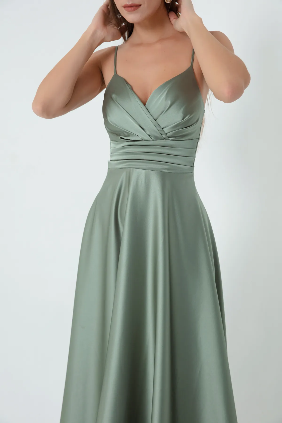 Lafaba  Mintgrünes langes Abendkleid und Abschlusskleid aus Satin mit Seilriemen und Taillengürtel für Damen