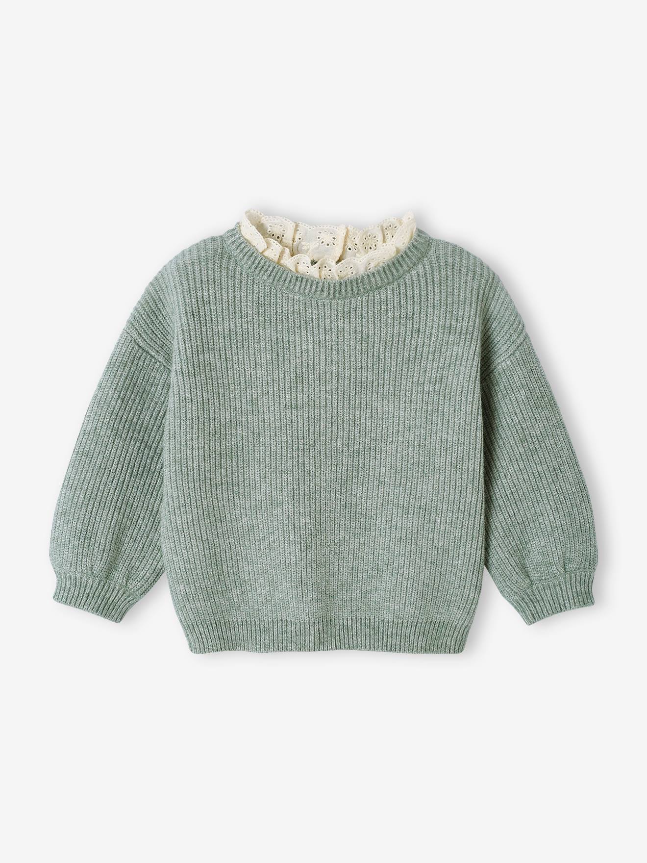 Pull en côte perlée bébé col en broderie anglaise rayé marine
