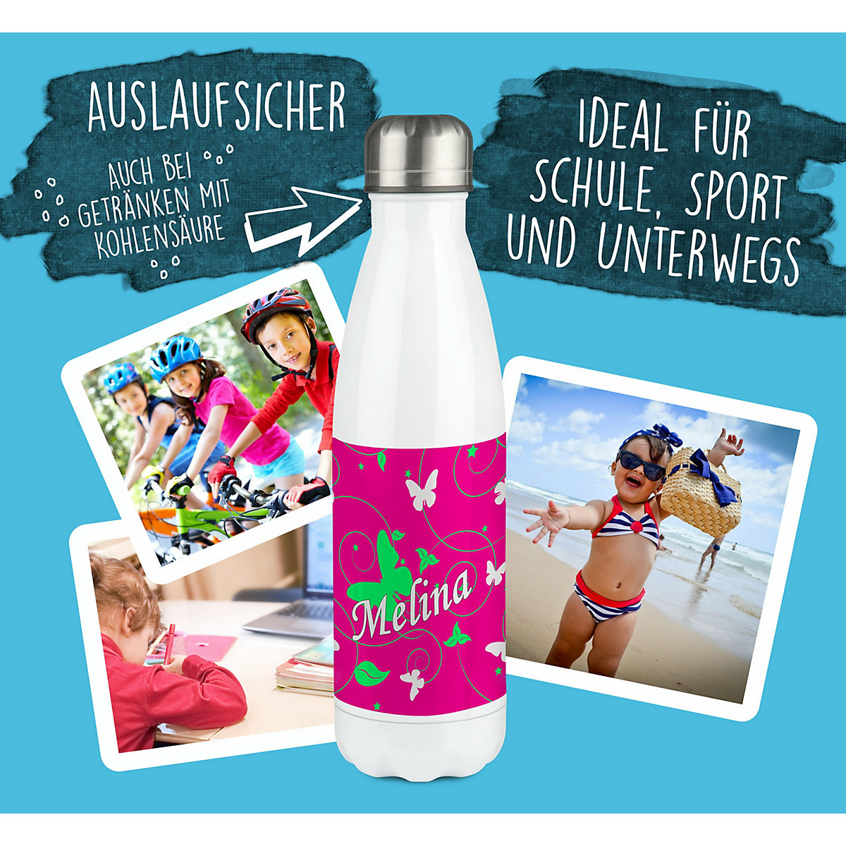 Edelstahl Kinder Thermoflasche / Trinkflasche bunt Schmetterling Ornamente Farbe pink apfelgrün Spülmaschinenfest, Auslaufsicher, Bruchfest, Doppelwandig, Für Heißgetränke geeignet, Mit Deckel, I