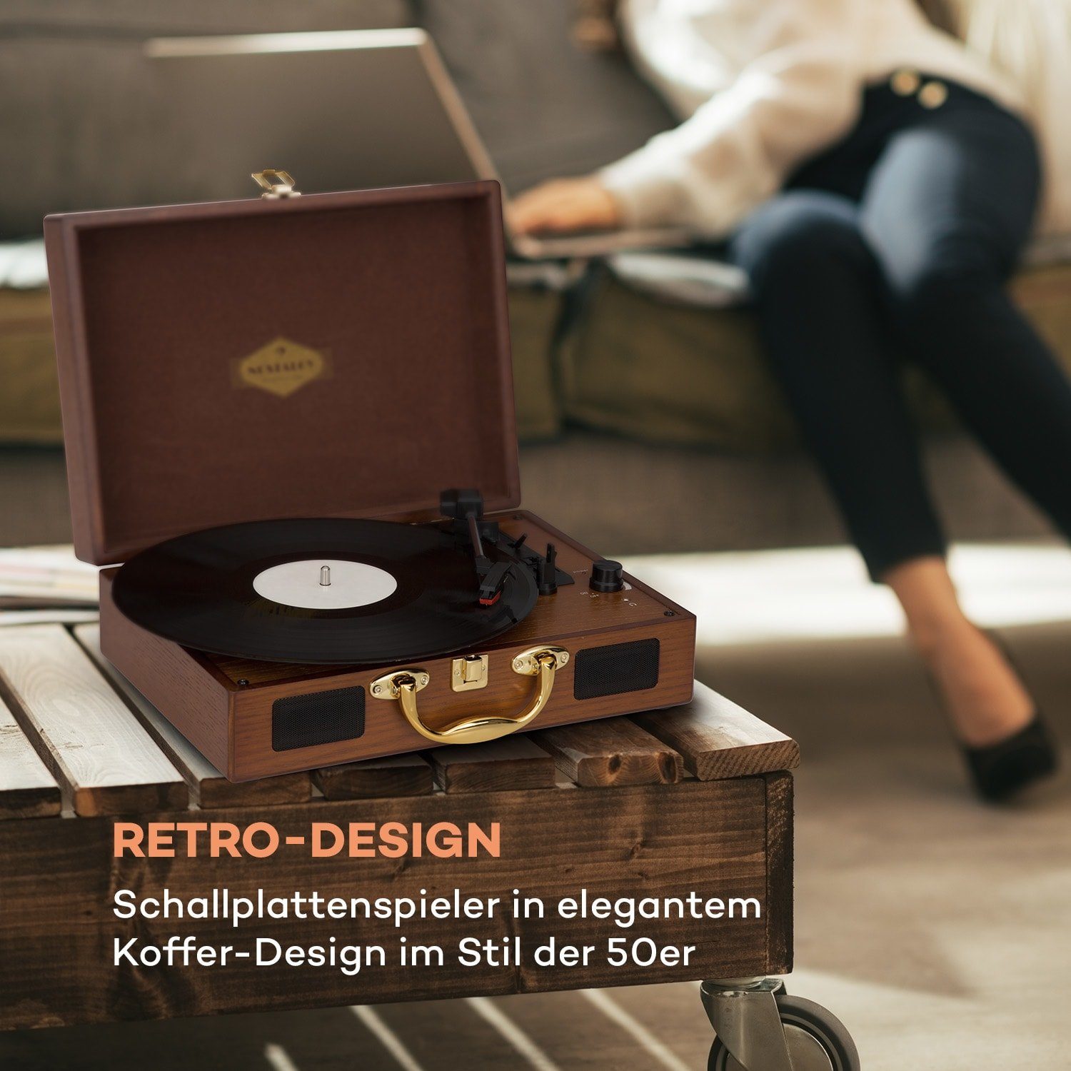 Auna Peggy Sue Plattenspieler (Riemenantrieb, Schallplattenspieler Retro mit Lautsprecher Vinyl Plattenspieler)