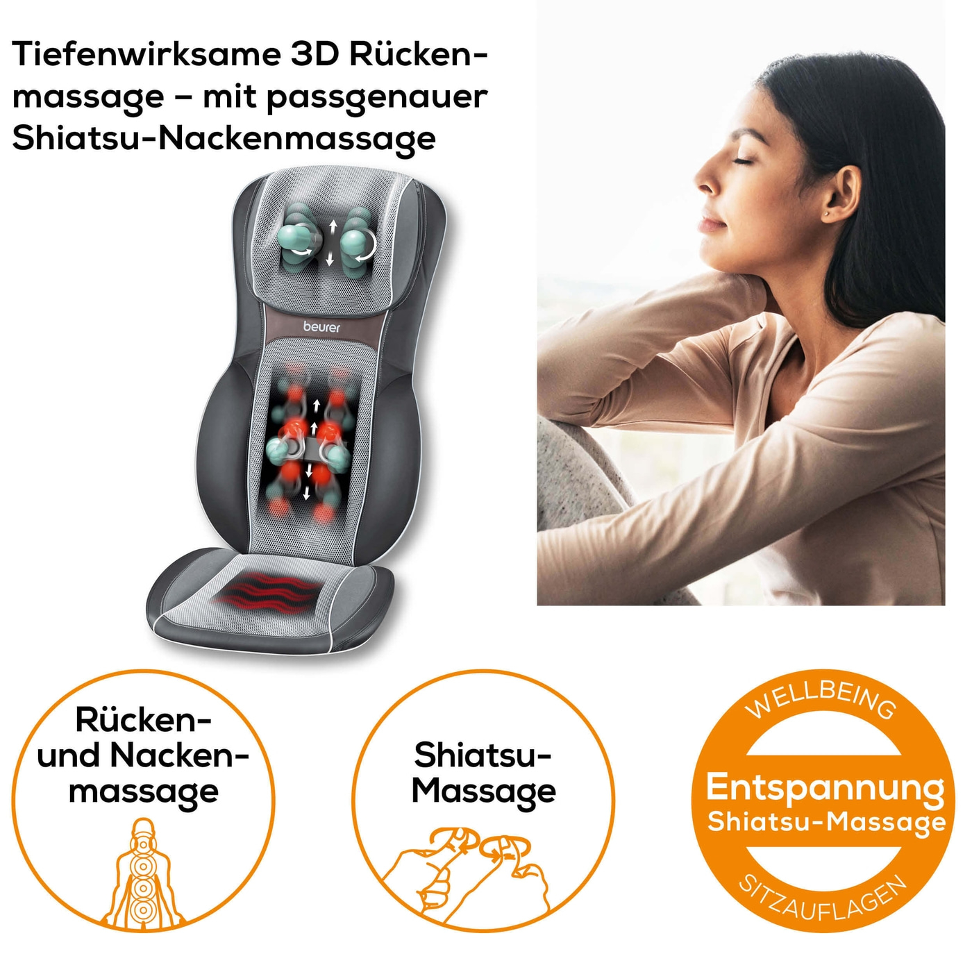 Beurer Shiatsu-Sitzauflage MG 295 HD 3D black-Sitzauflage Massagegerät für Roll-, Nacken- & Rückenmassage mit 3D Wipptechnik