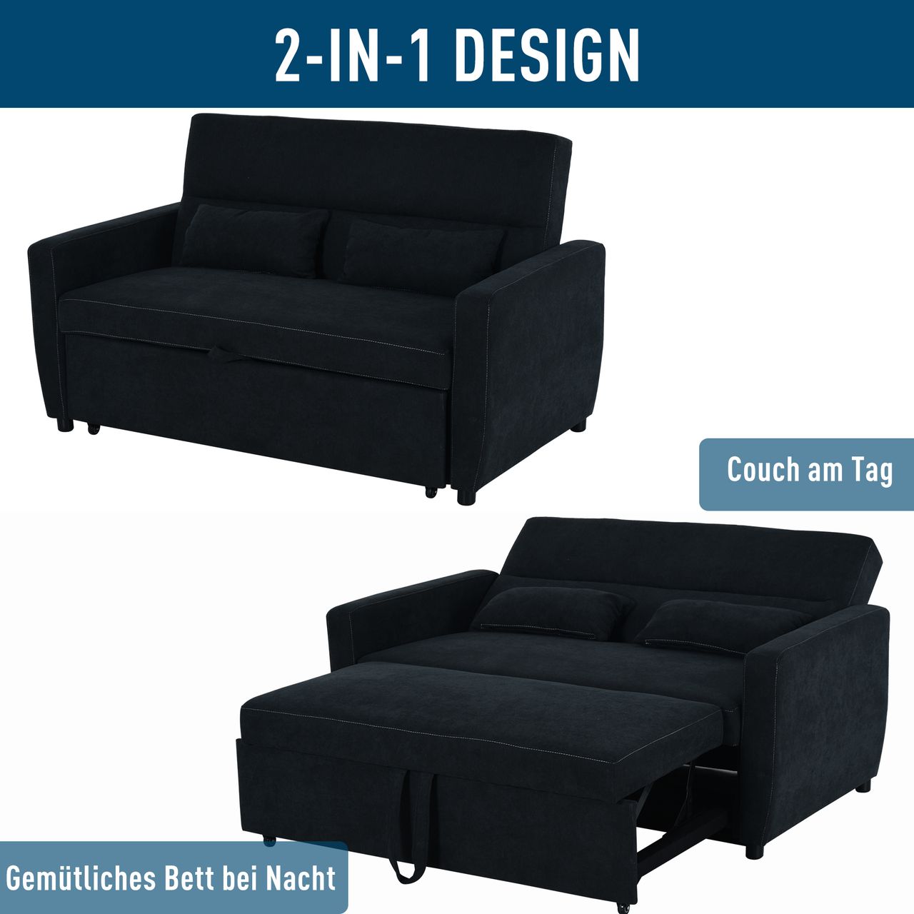 HOMCOM Schlafsofa Klappsofa 2-Sitzer Stoffsofa Bettsofa Bettsofa Schwarz