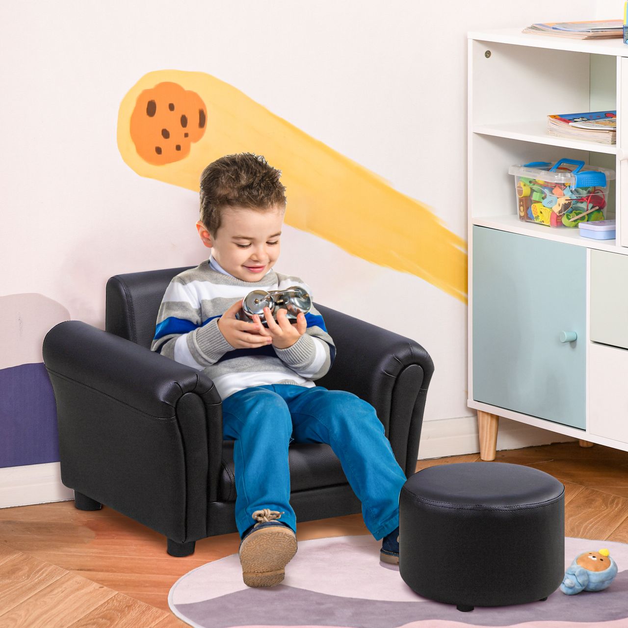 HOMCOM Kindersessel mit Fußhocker Kindercouch Kindersofa Minisofa Schwarz
