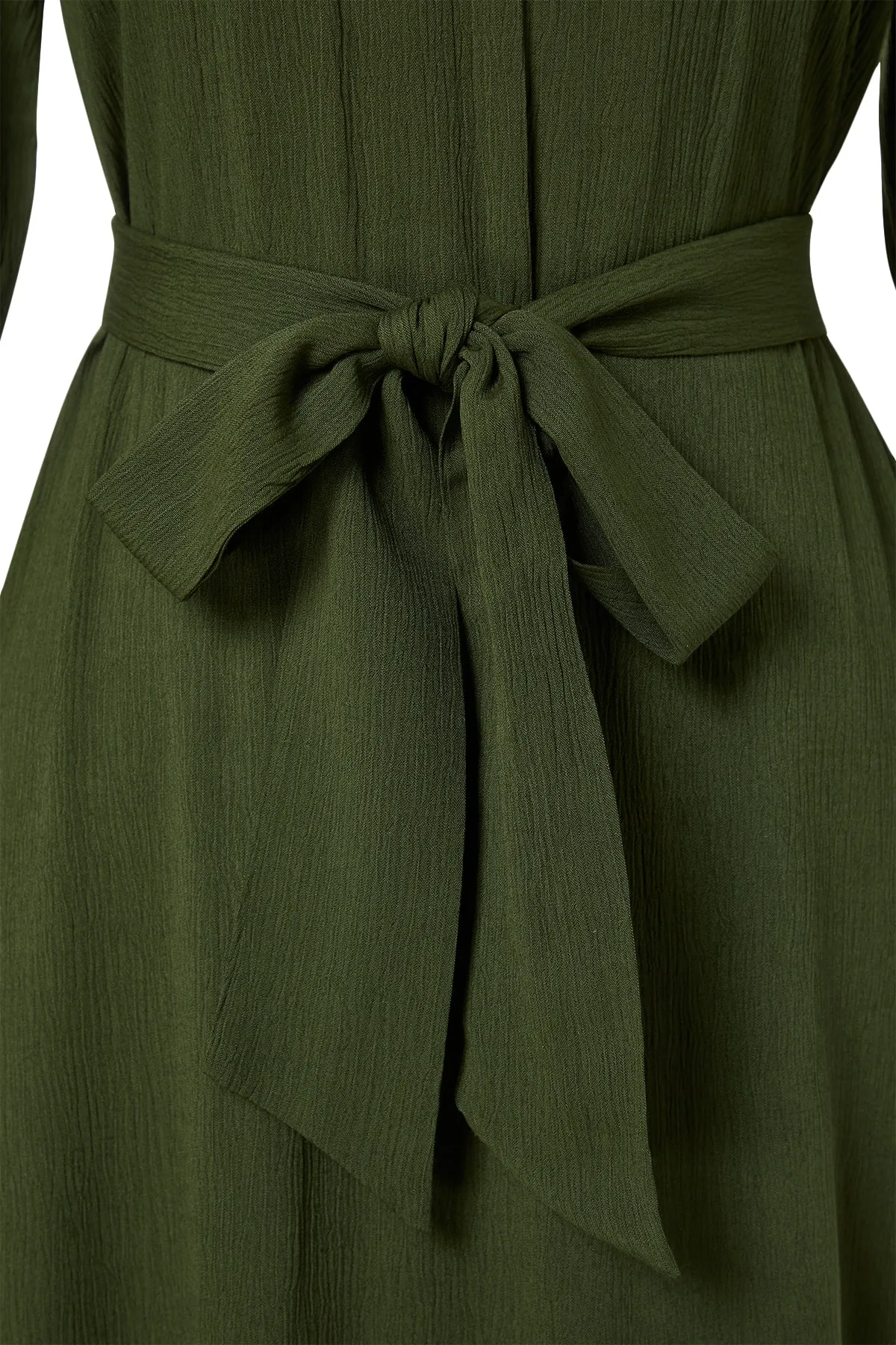 Trendyol Modest  Khakifarbenes gewebtes Kleid mit Ballonärmeln und Gürtel TCTSS23EB00289