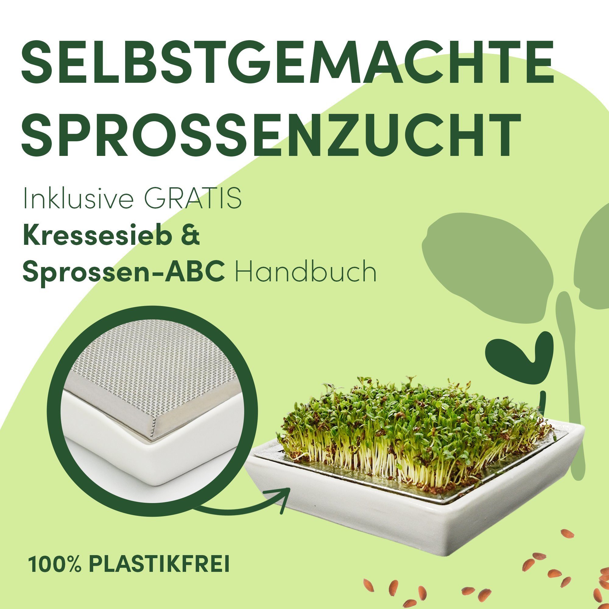 Green SEEDS Anzuchttopf Sprossenglas Keimglas 2er Set 1000ml + KRESSESIEB mit hochwertigem Edelstahl-Gitterdeckel, Ständer, Keramikschale + GRATIS Sprossen-ABC [Druckversion]…