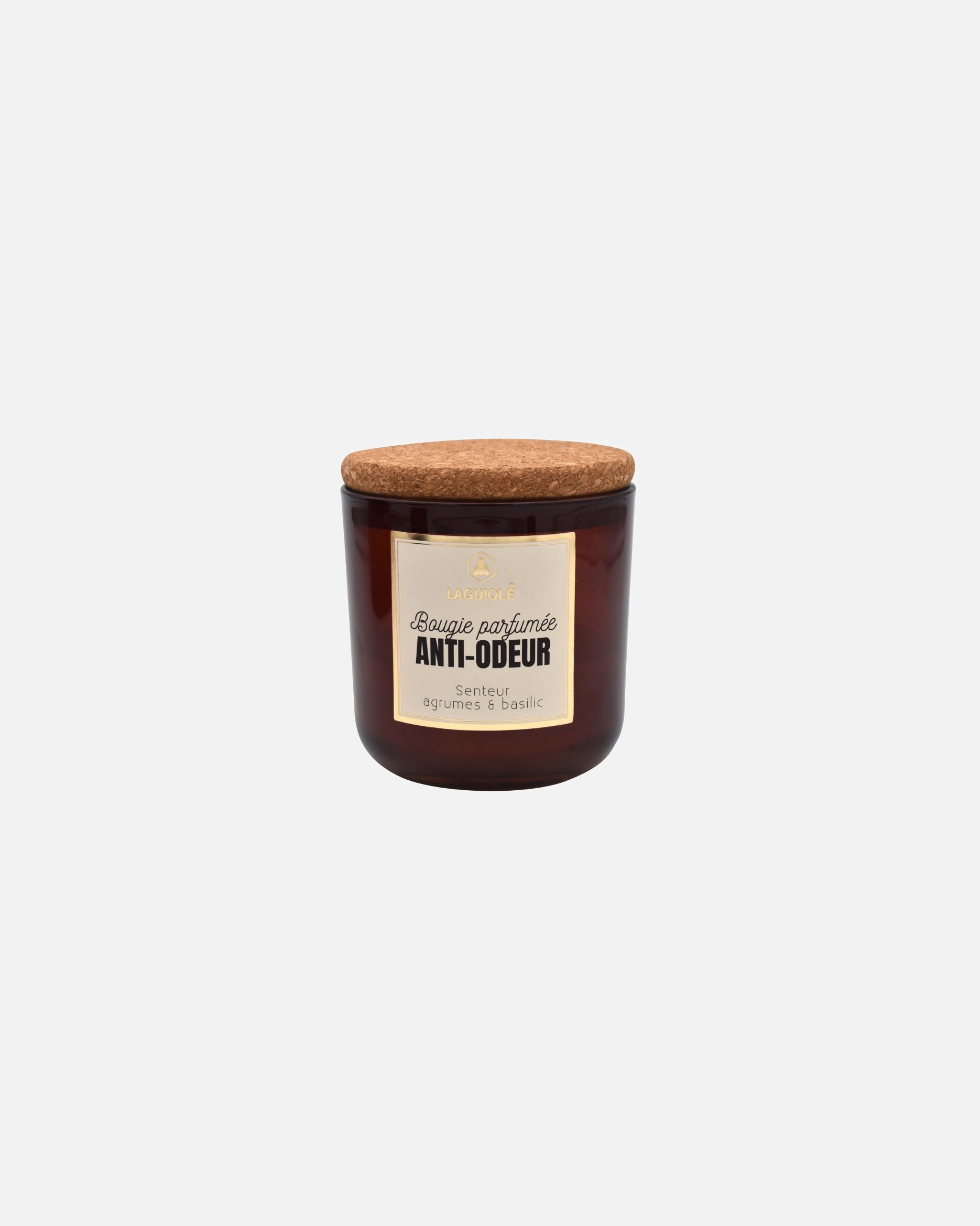Vela aromática Guiole con revestimiento antiolor y tapón de corcho, 195 g.