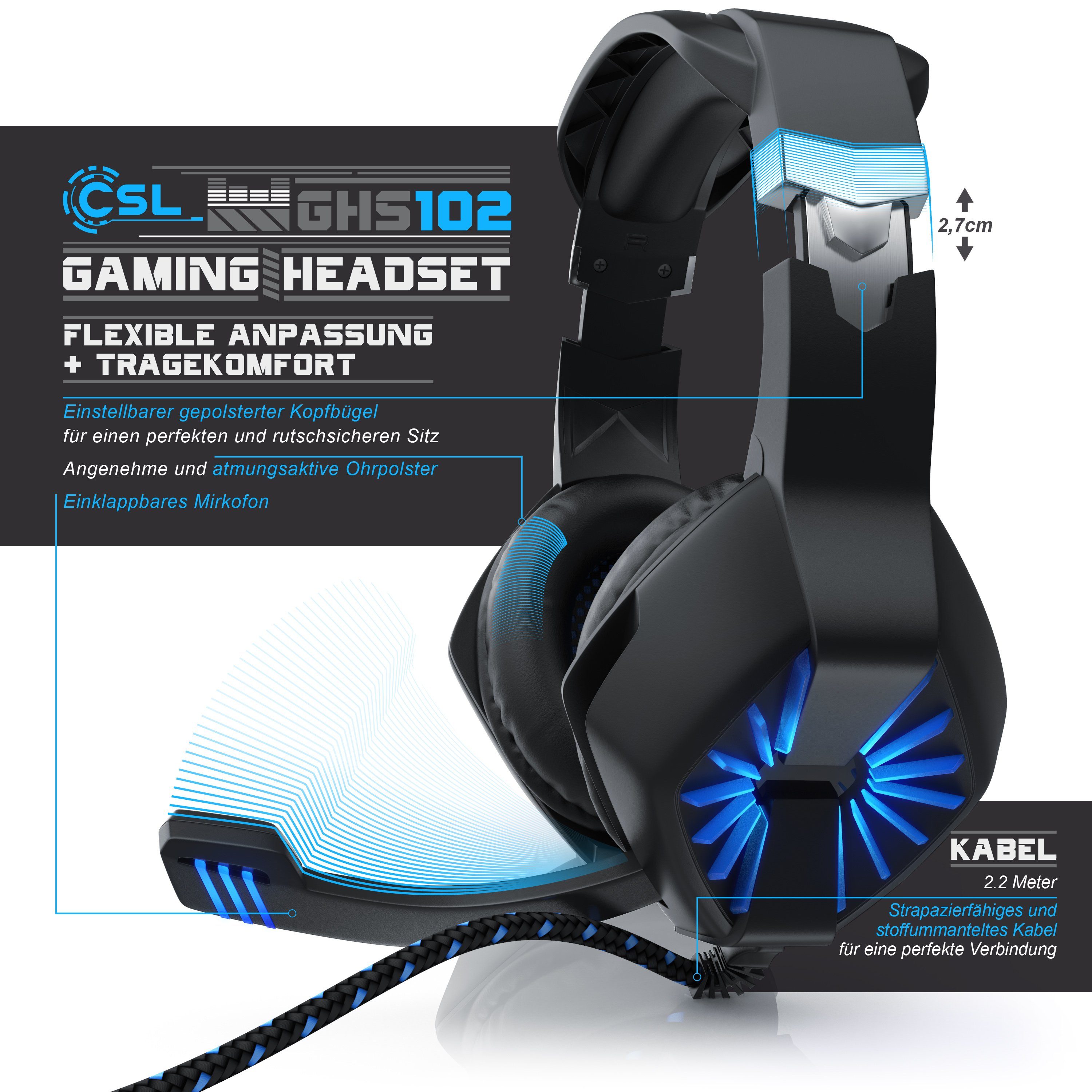CSL Gaming-Headset (GHS-102 USB Kopfhörer mit Mikrofon für Windows/Mac/Linux /PS4/PS4 Pro)