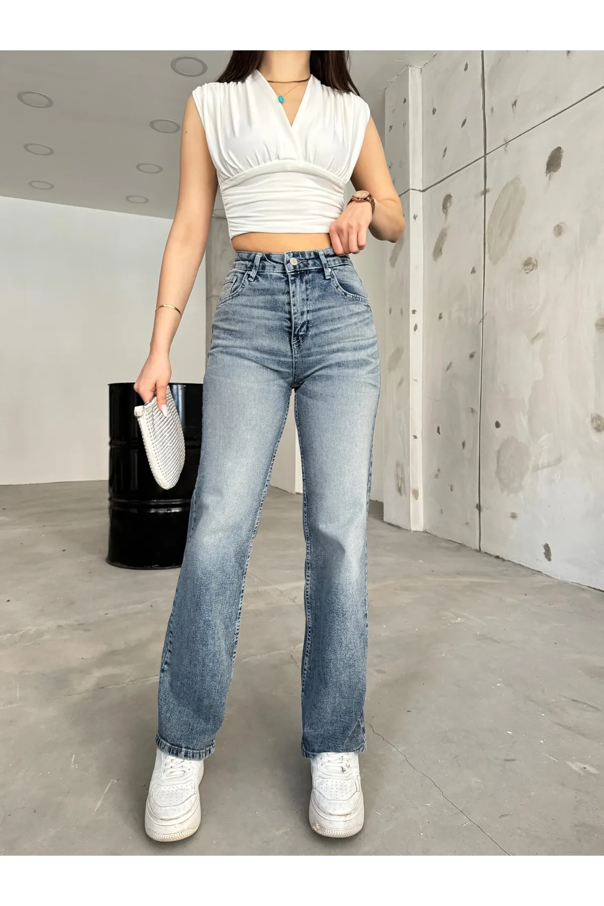BİKELİFE  Damen-Jeans im Vintage-Stil mit hoher Taille und weitem Bein in hellem Effekt