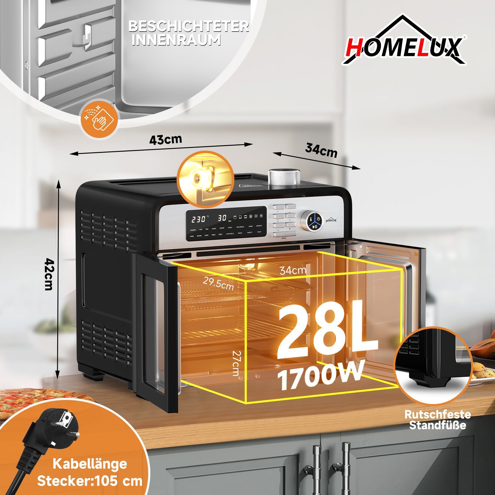 HOMELUX Minibackofen mit Umluft, Heißluftfritteuse XXL 28L, Heißluft-Backofen, Airfryer, 1700W, 18 Programme, 7 Zubehörteile inkl. Drehspieß, Doppelventilator