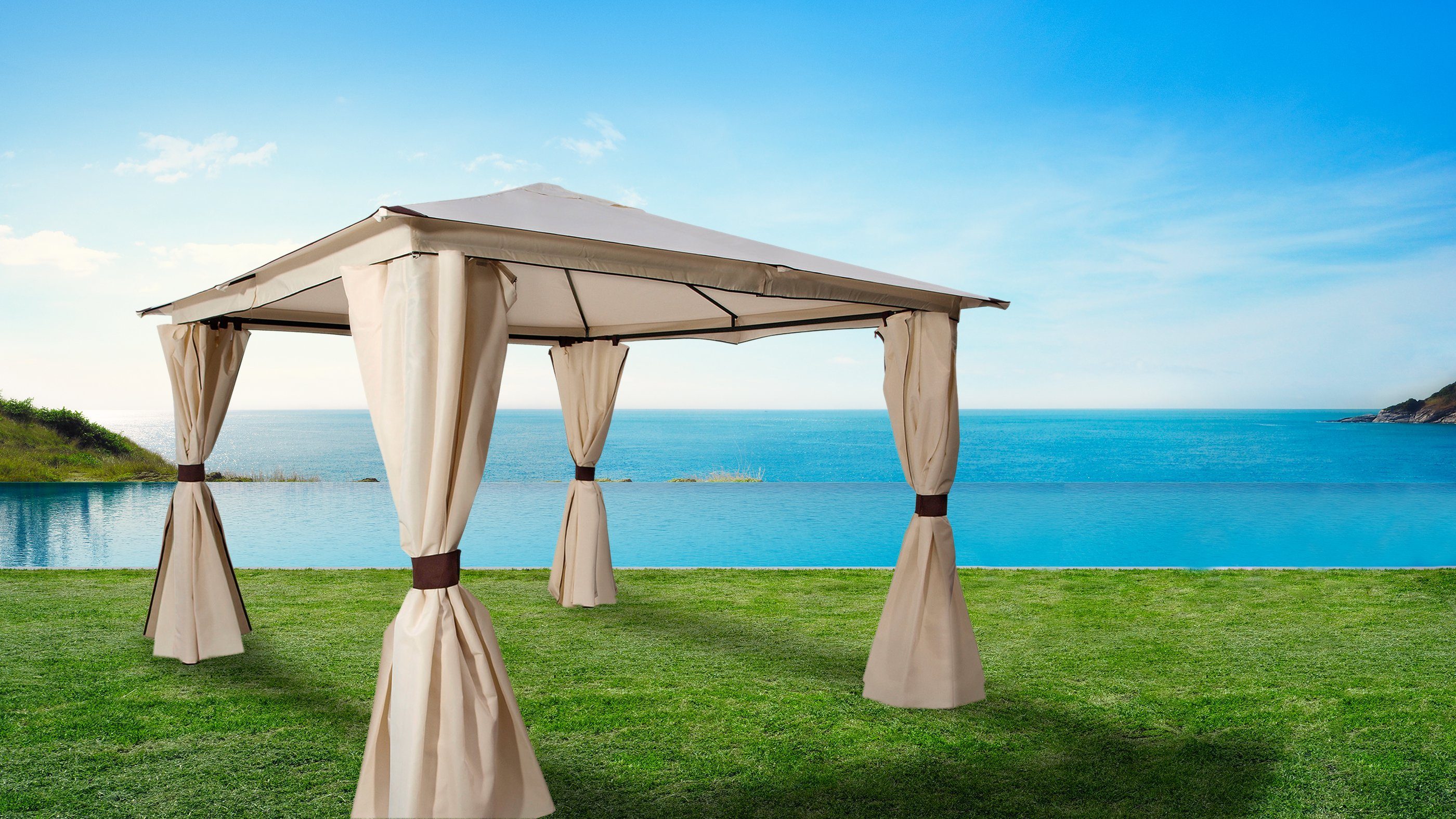DEGAMO Pavillon VENEZIA, mit 4 Seitenteilen, 3x3 Meter, Stahl schwarz, Plane PVC-beschichtet, mit Seitenplanen