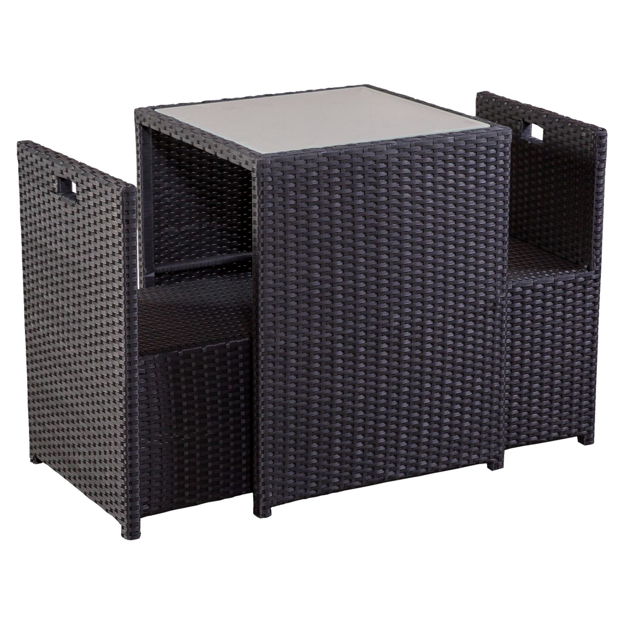 Raburg Balkonset HANNAH in SCHIEFER-SCHWARZ - abnehmbare, gehärtete Glasplatte, (3-teiliges Premium-Set), kompakt & robust aus Stahl & Polyrattan, inkl. Polster, platzsparend