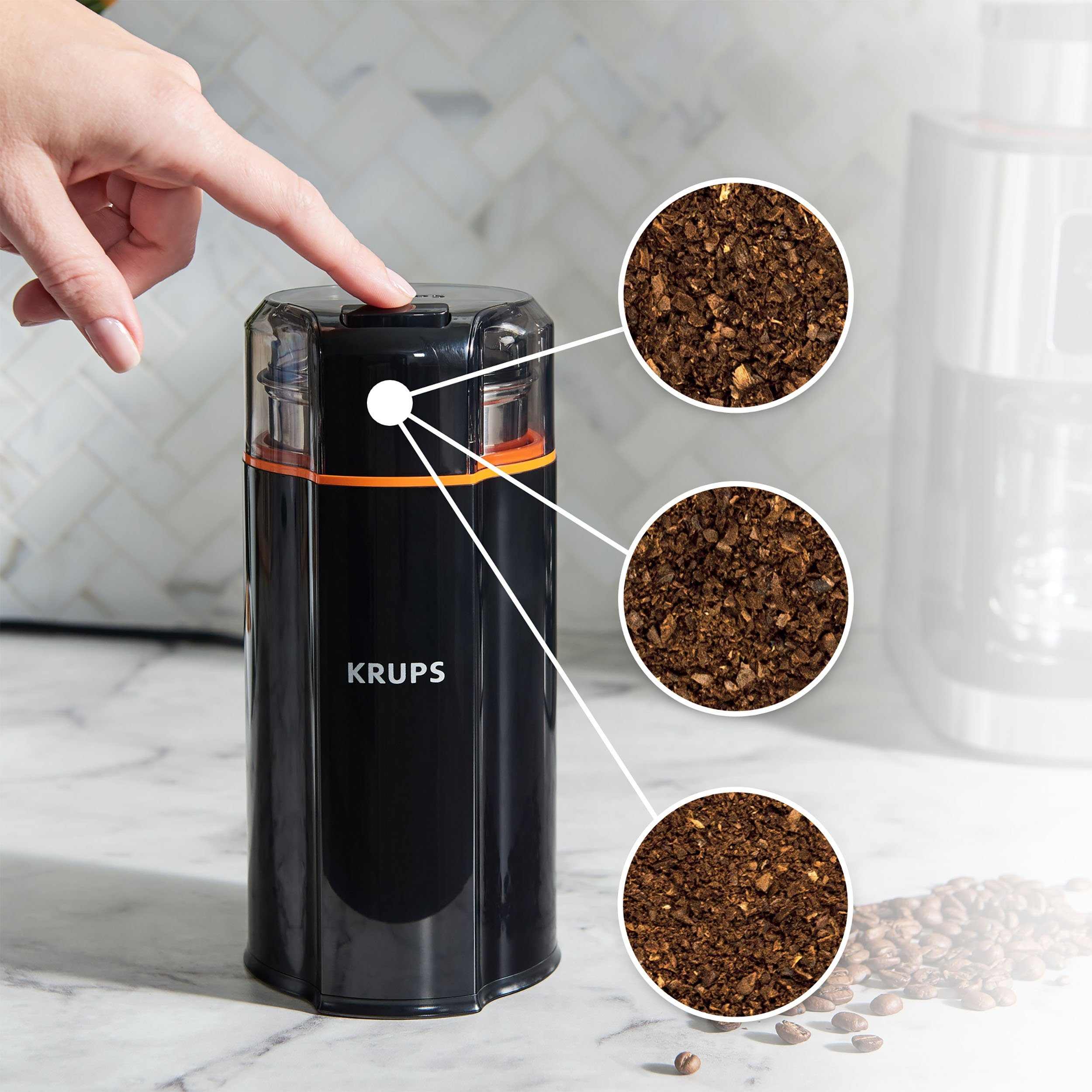 Krups Kaffeemühle GX3328 Silent Vortex, 175 W, Schlagmesser, 90 g Bohnenbehälter, leistungsstark, effizient, superleise, für 12 Tassen, 3-in-1-Mahlwerk