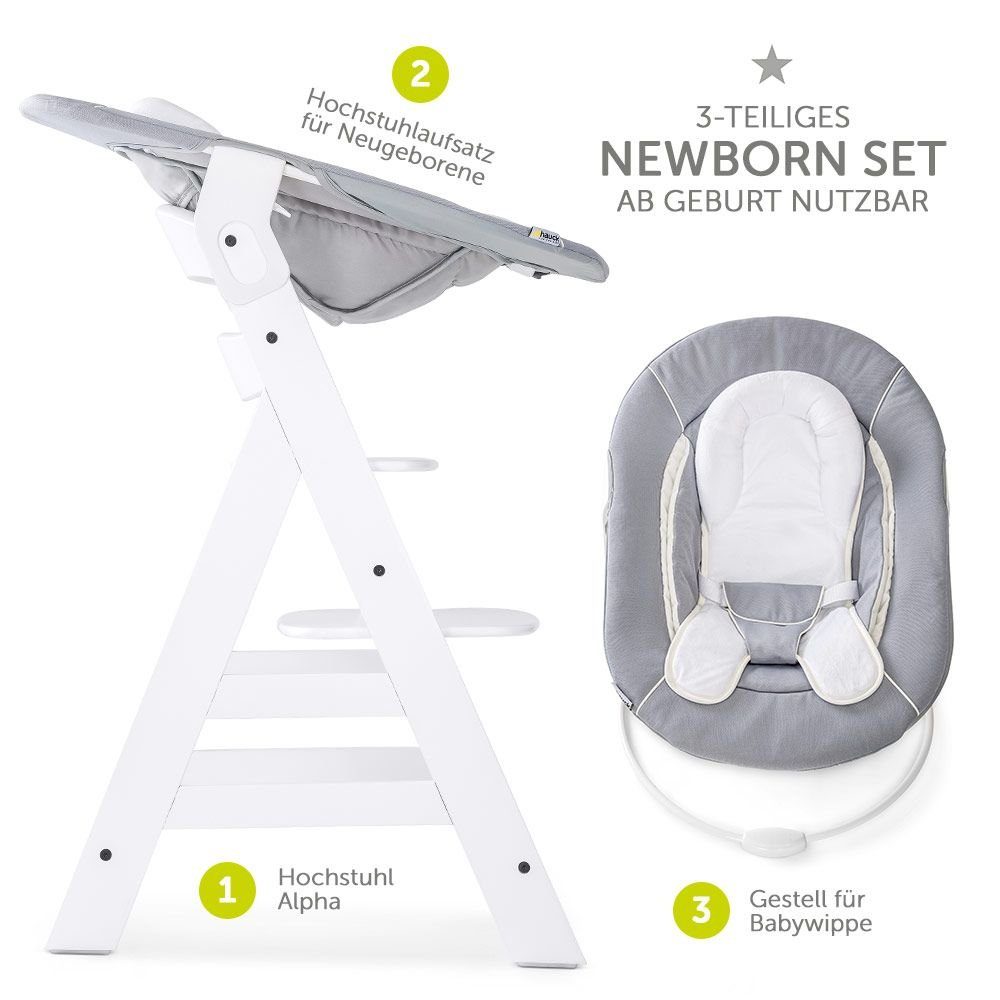 Hauck Hochstuhl Alpha Plus White Newborn Set (Set), Holz Babystuhl ab Geburt mit Aufsatz für Neugeborene höhenverstellbar