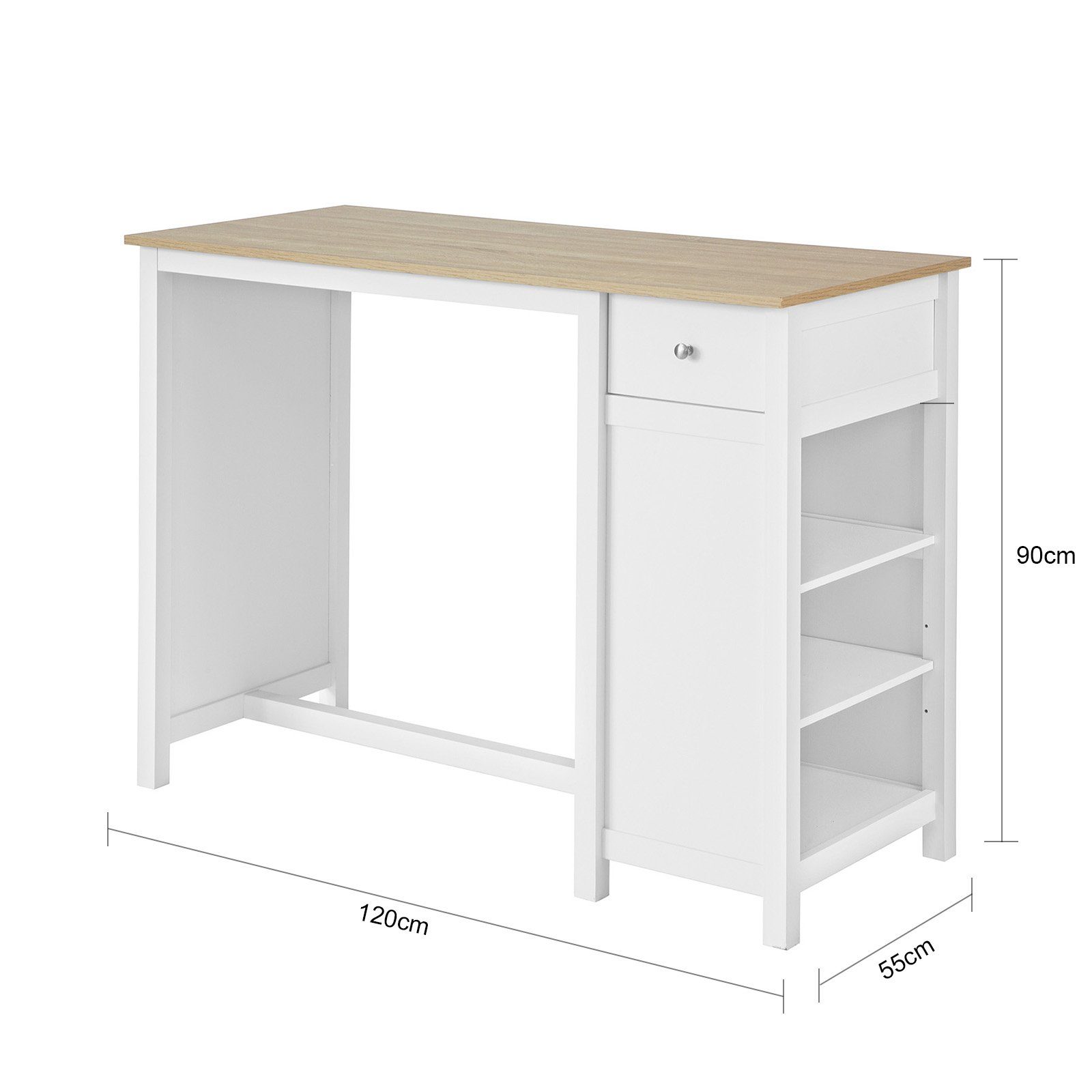 SoBuy Bartisch FWT64, Küchentheke Küchenbartisch mit Einer Schublade und 3 Regalfächern Bistrotisch Kücheninsel Tresentisch weiß-Natur BHT: 120x90x55cm