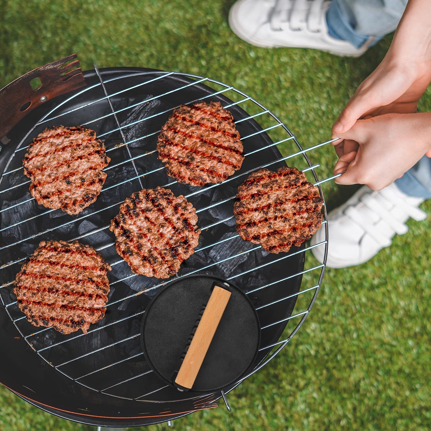 JOEJI’S KITCHEN Burgerpresse Antihaft Gusseisen für perfekte Hamburgerpresse Cool-Touch-Holzgriff, Eisen