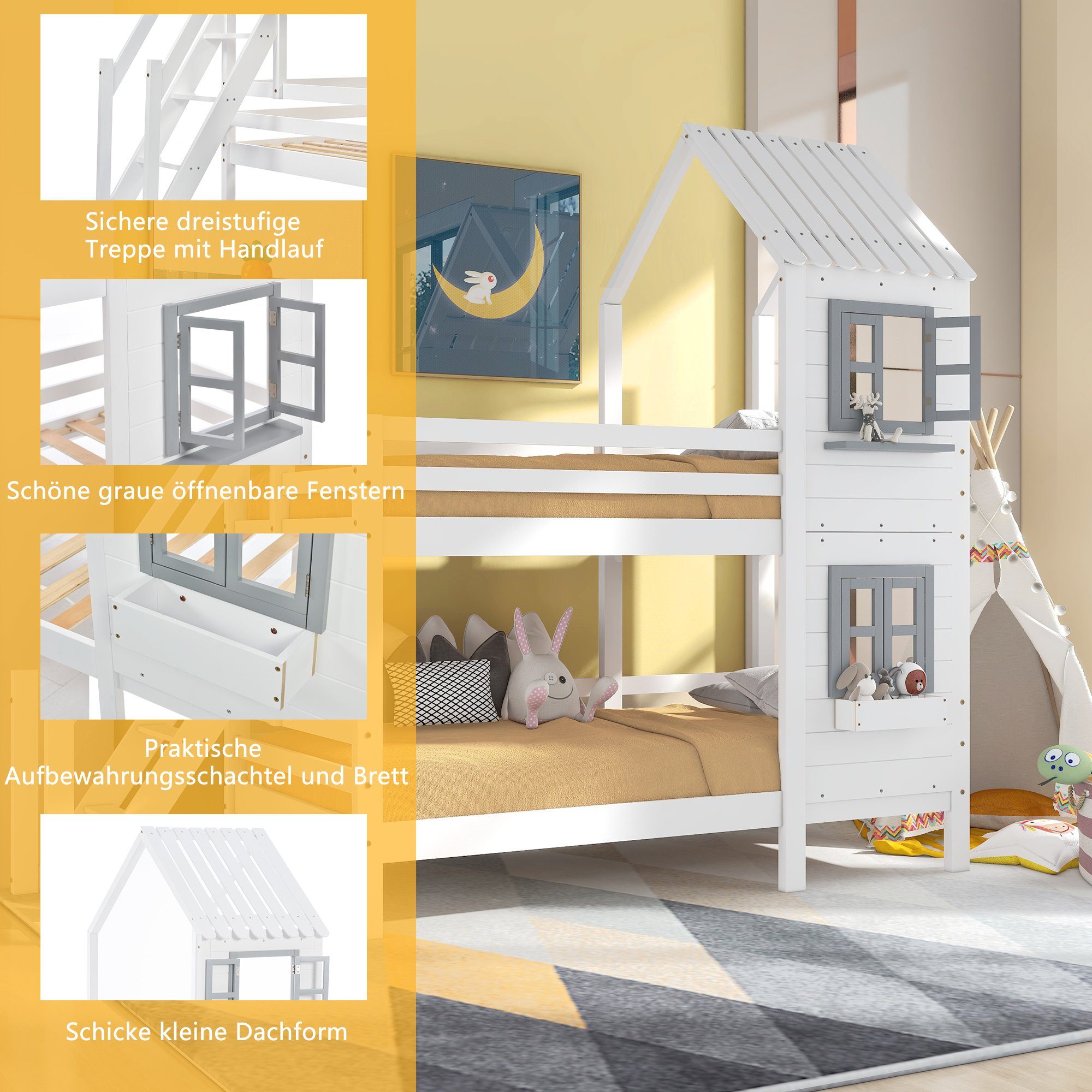 OKWISH Etagenbett Etagenbett mit Handlauf und Fenster, Bett, Kinderbett (Kinderbett mit Fallschutz und Gitter, Fallschutz und Gitter), Rahmen aus Kiefer,90x200cm
