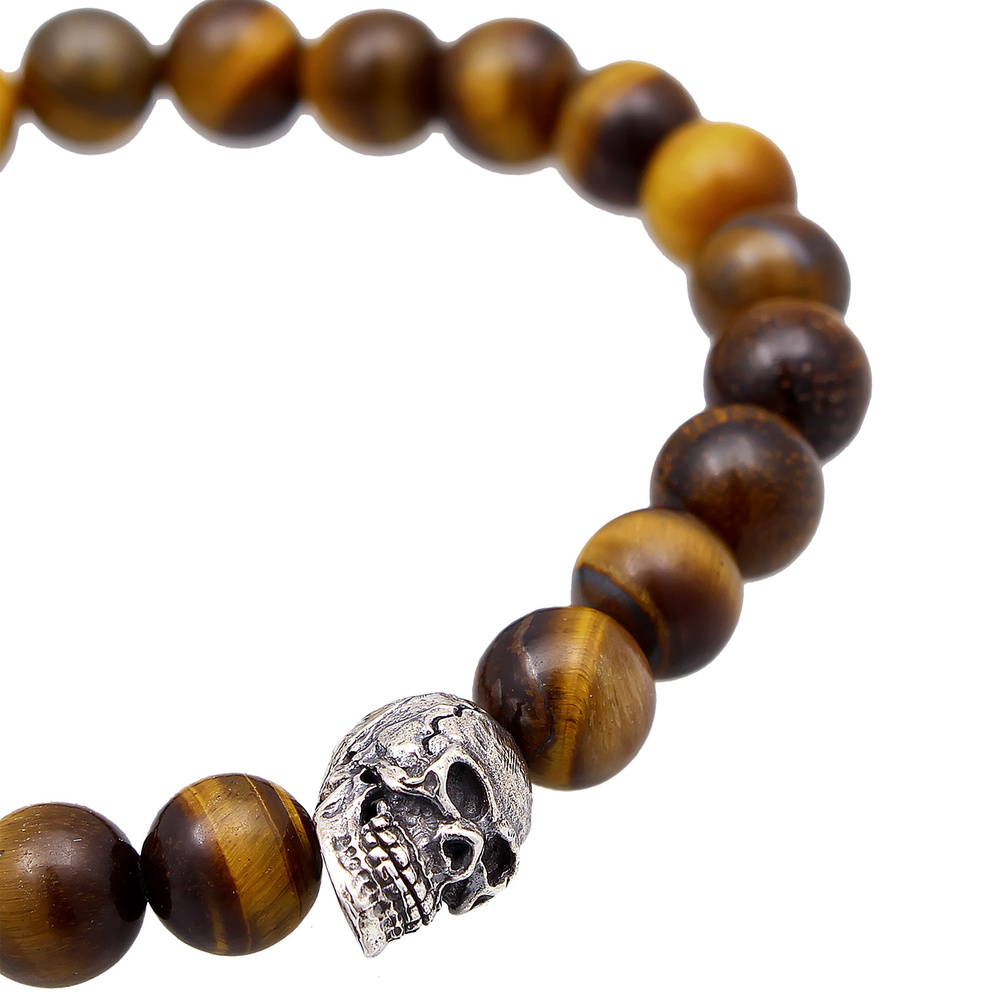 KUZZOI KUZZOI Bracelet Hommes symbole tête de mort avec perles d'oeil de tigre en argent Bracelet