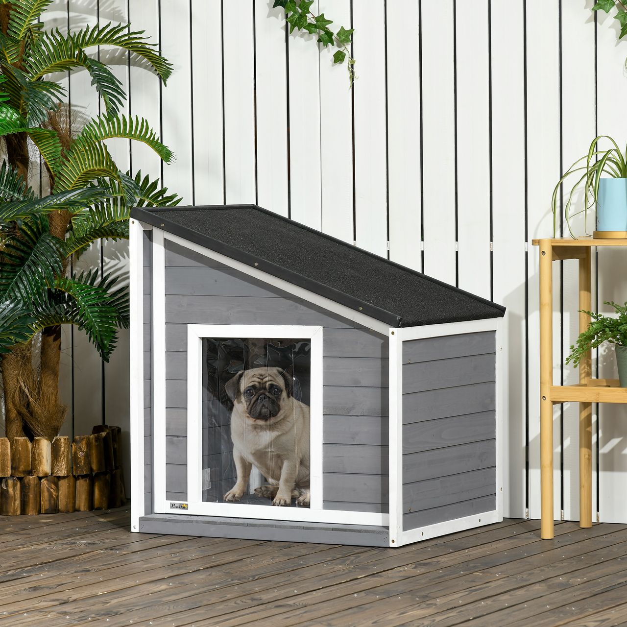 PawHut Hundehütte, Tannenholz, Hundehaus, Kleintierhaus mit Asphaltdach, Outdoor