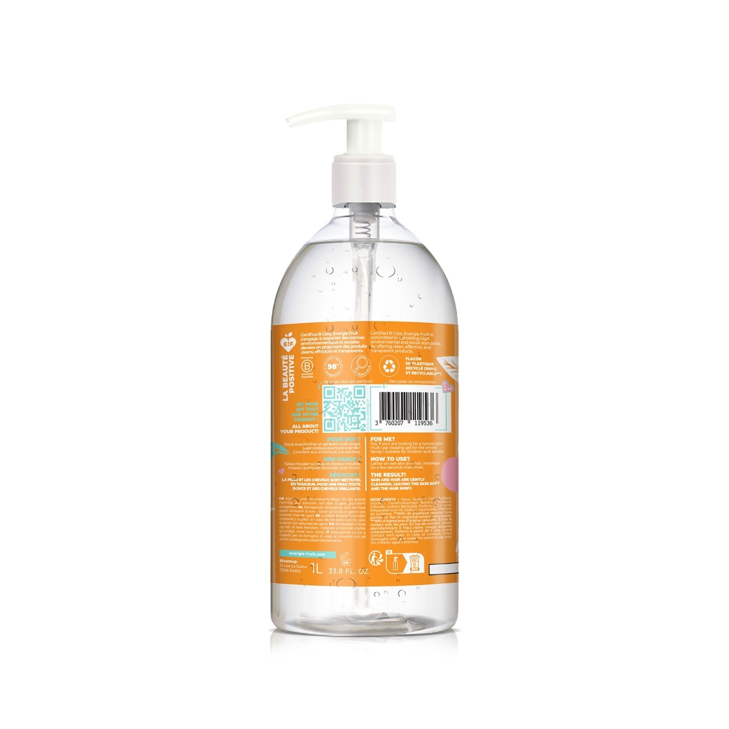 Energie Fruit Sabonete líquido suave para corpo e cabelo - infantil e adulto - fragrância de damasco