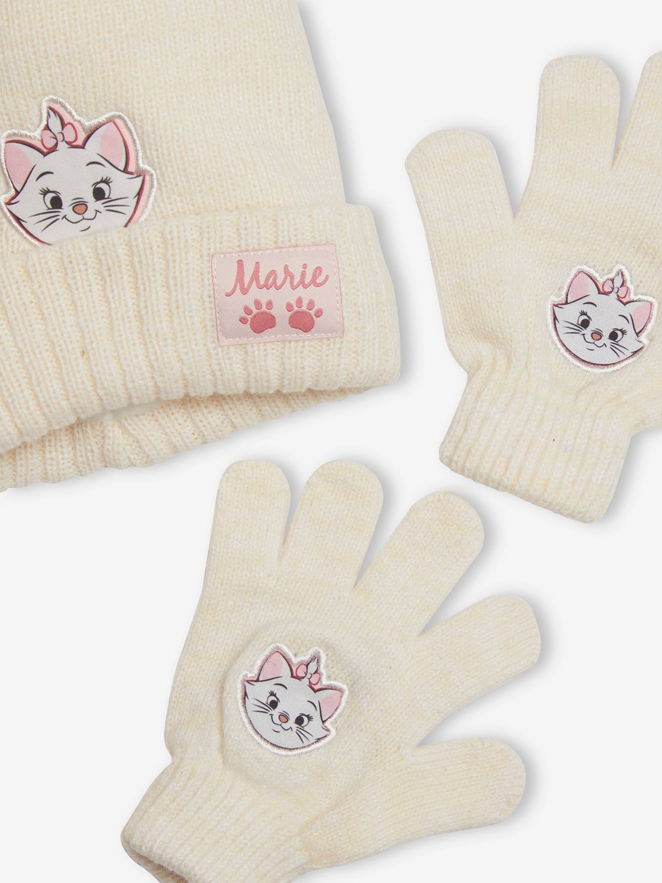 Ensemble fille DS® Marie les Aristochats bonnet + gants beige chiné et rose