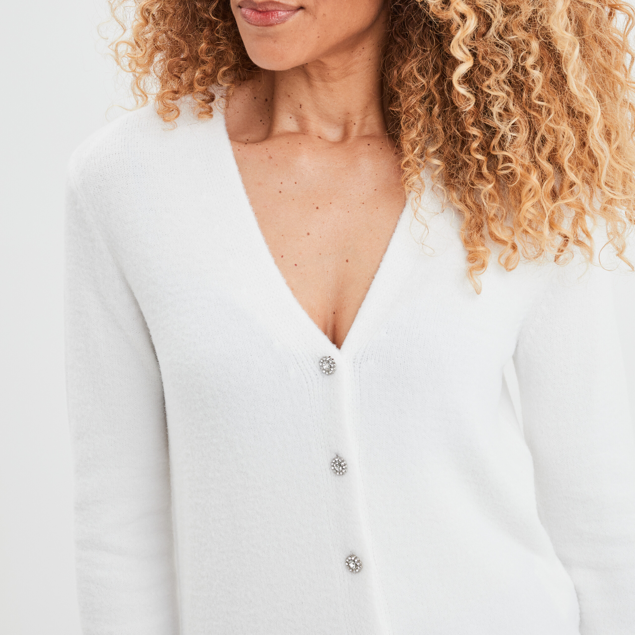 Gilet col en V boutons bijoux blanc femme | La Halle