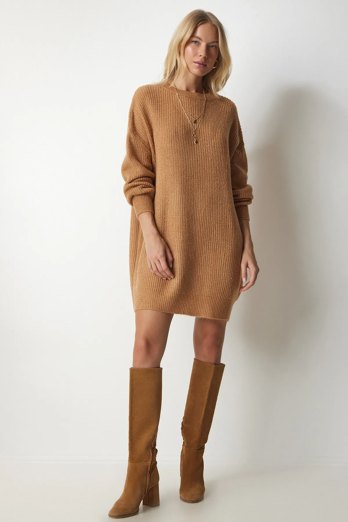 Happiness İstanbul  Damen-Sweatshirt „Biscuit“ in Übergröße, lang, Basic-Strick, BV00099