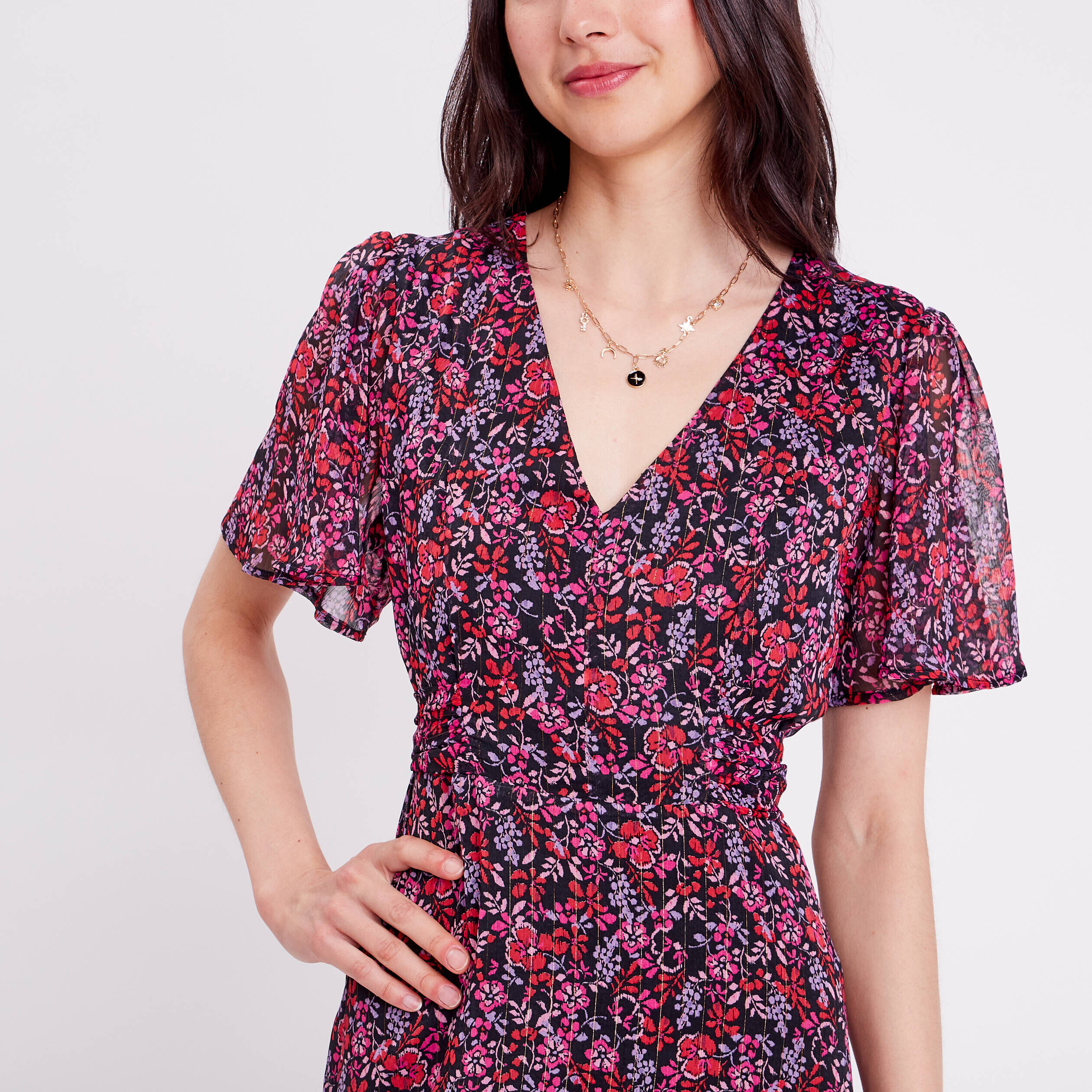 Robe longue évasée col en V rouge femme | Cache Cache
