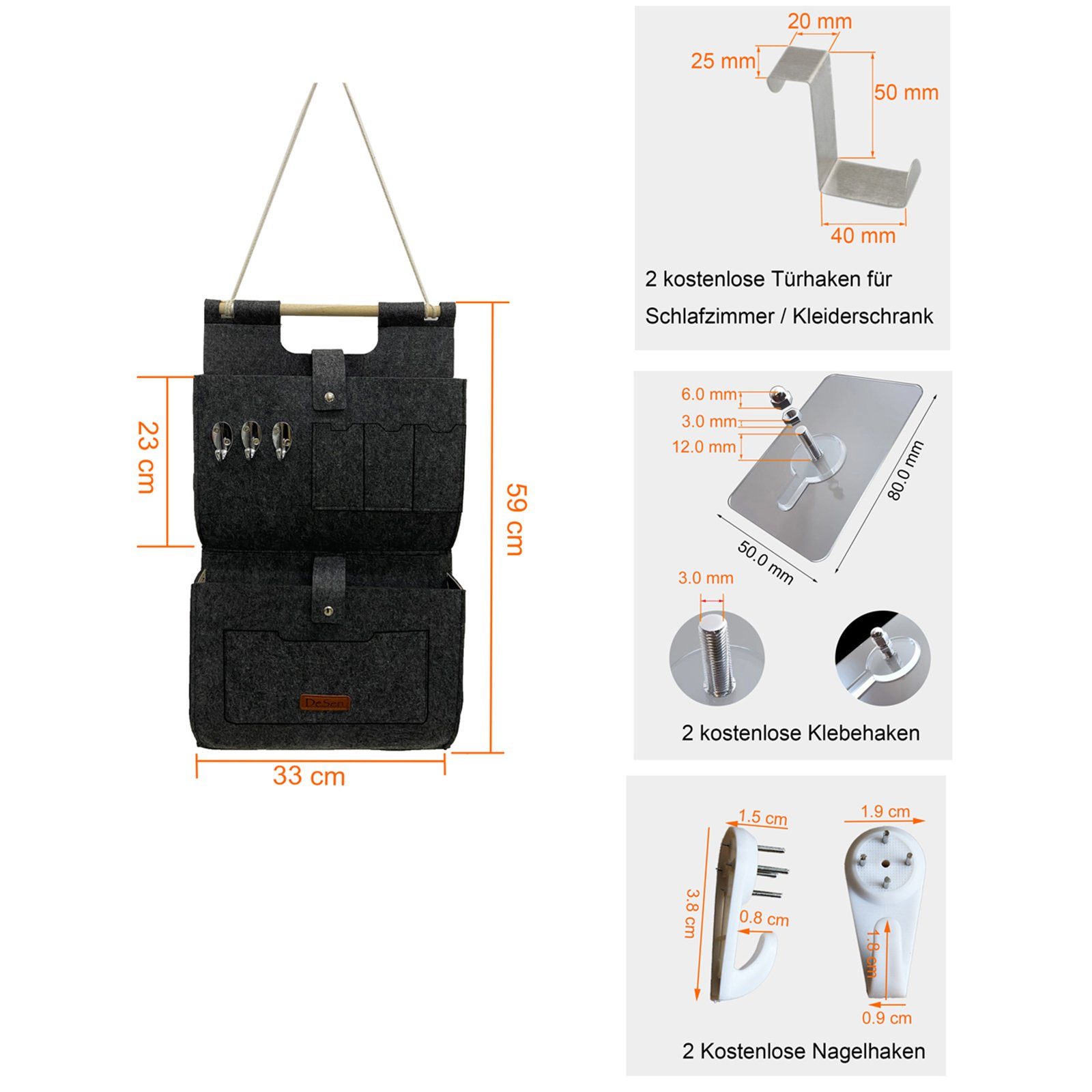 RAIKOU Aufbewahrungstasche Hängeorganzier für Tür und Wand / Wandtasche (für Garderobe,Bad, Küche), Multifunktionstaschen+3 Schlüsselanhänger