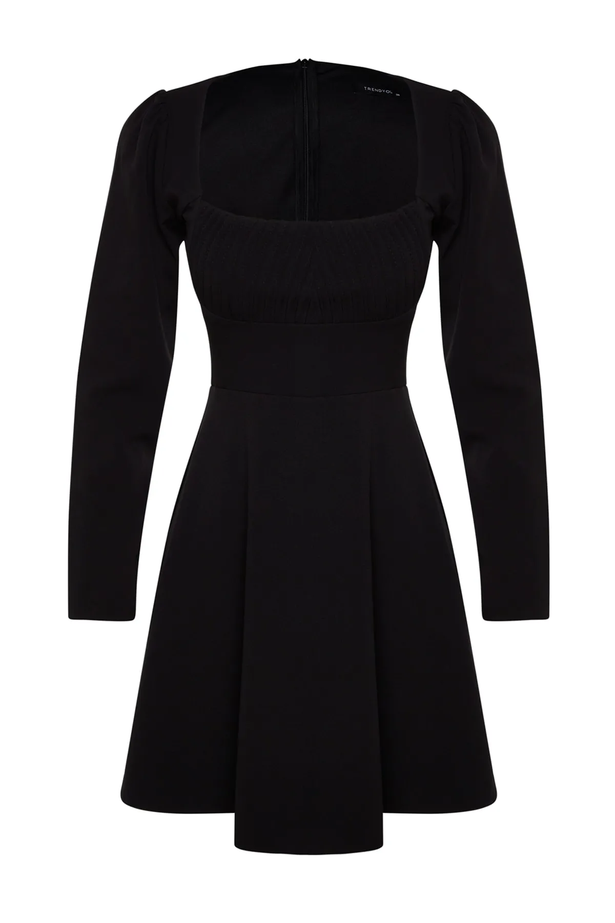 Trendyol Collection  Schwarzes elegantes Abendkleid mit offener Taille/Skater-Rippmuster TPRAW24EL00124