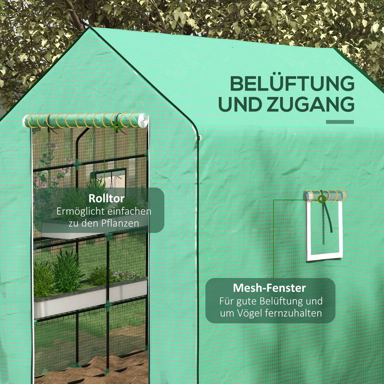 Outsunny Ersatzfolie Gewächshausfolie mit UV-Schutz, Seitenfenster, Rolltür Grün