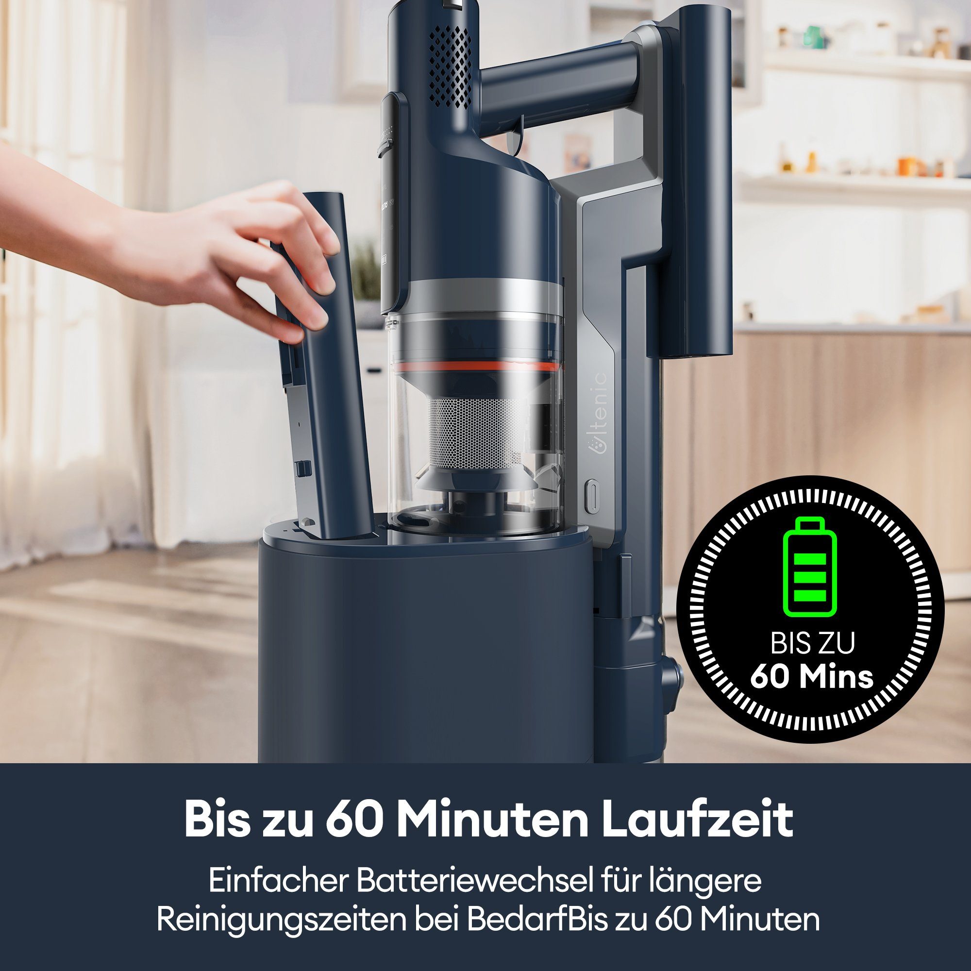 Ultenic Akku-Stielstaubsauger FS1, 450,00 W, mit Beutel, Staubsauger mit Absaugstation/3L Staubbehälter/60 Minuten Laufzait