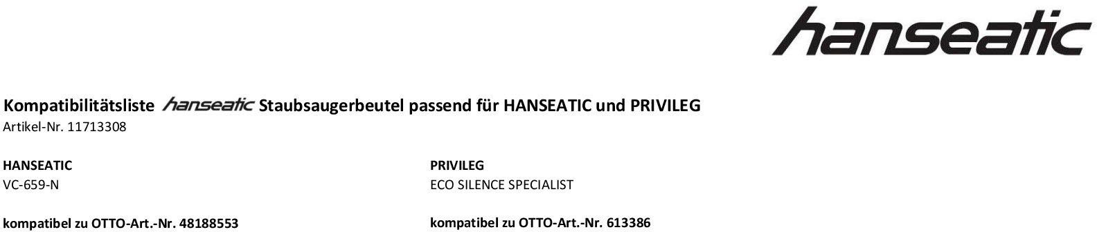 Hanseatic Staubsaugerbeutel, passend für HANSEATIC Staubsaugerbeutel, 10er-Pack, passend für HANSEATIC HVBBA8008EU / VC-659-N und PRIVILEG ECO Silence Specialist, 10 St.
