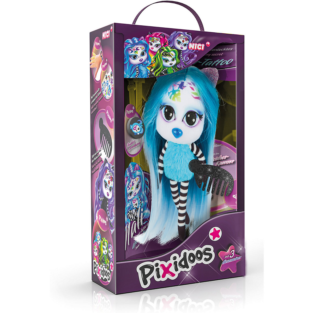 Pixidoos Plüsch-Puppe Nali  blau 20 cm mit 3-teiligen Zubehör in Geschenkverpackung (47508)