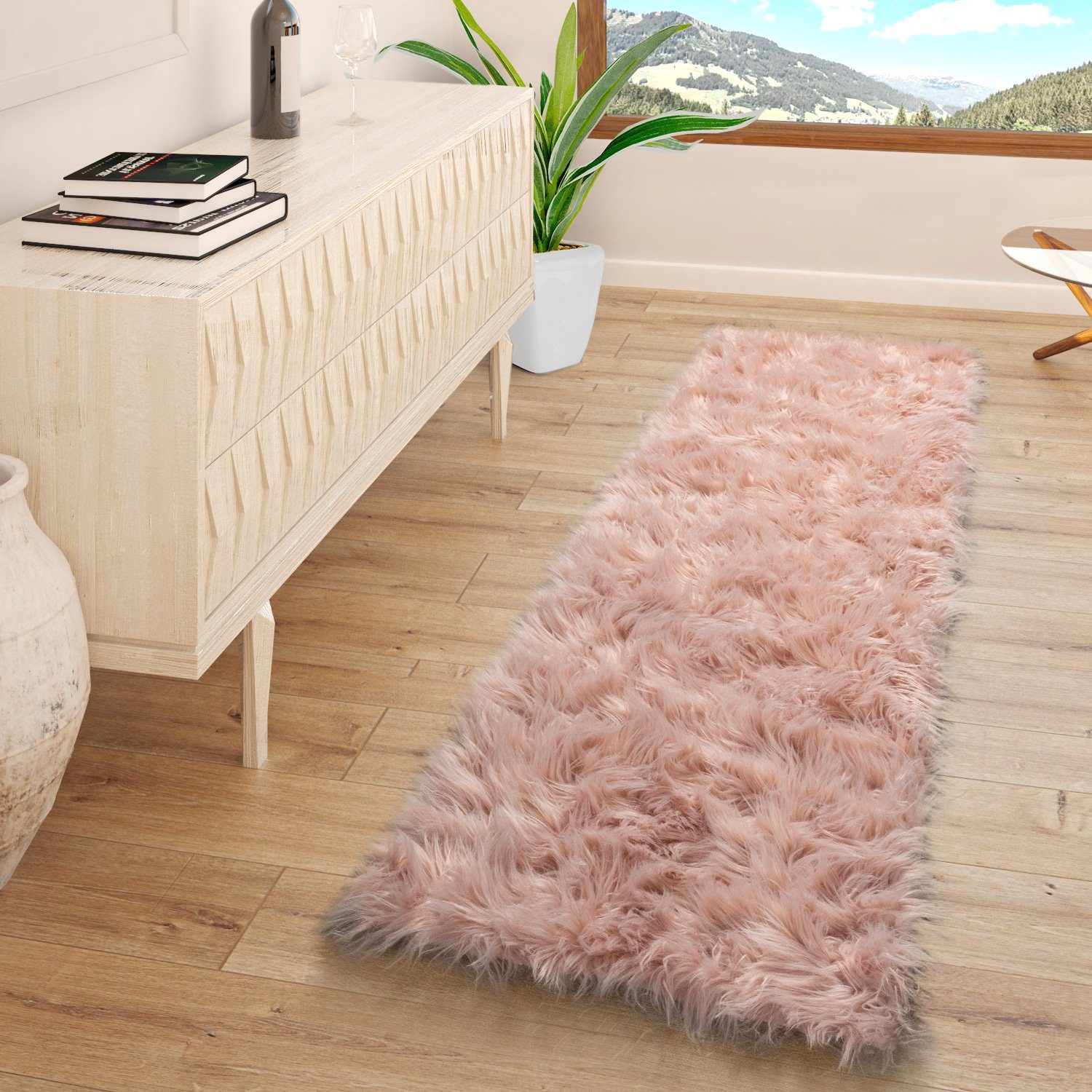 Fellteppich Wohnzimmer Hochflor Teppich Kunst-Fell Design, TT Home, rund, Höhe: 64 mm