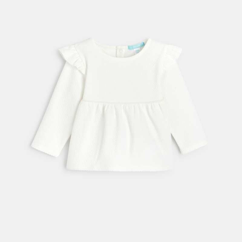 Blouse unie tissu gaufré à volants blanche bébé fille