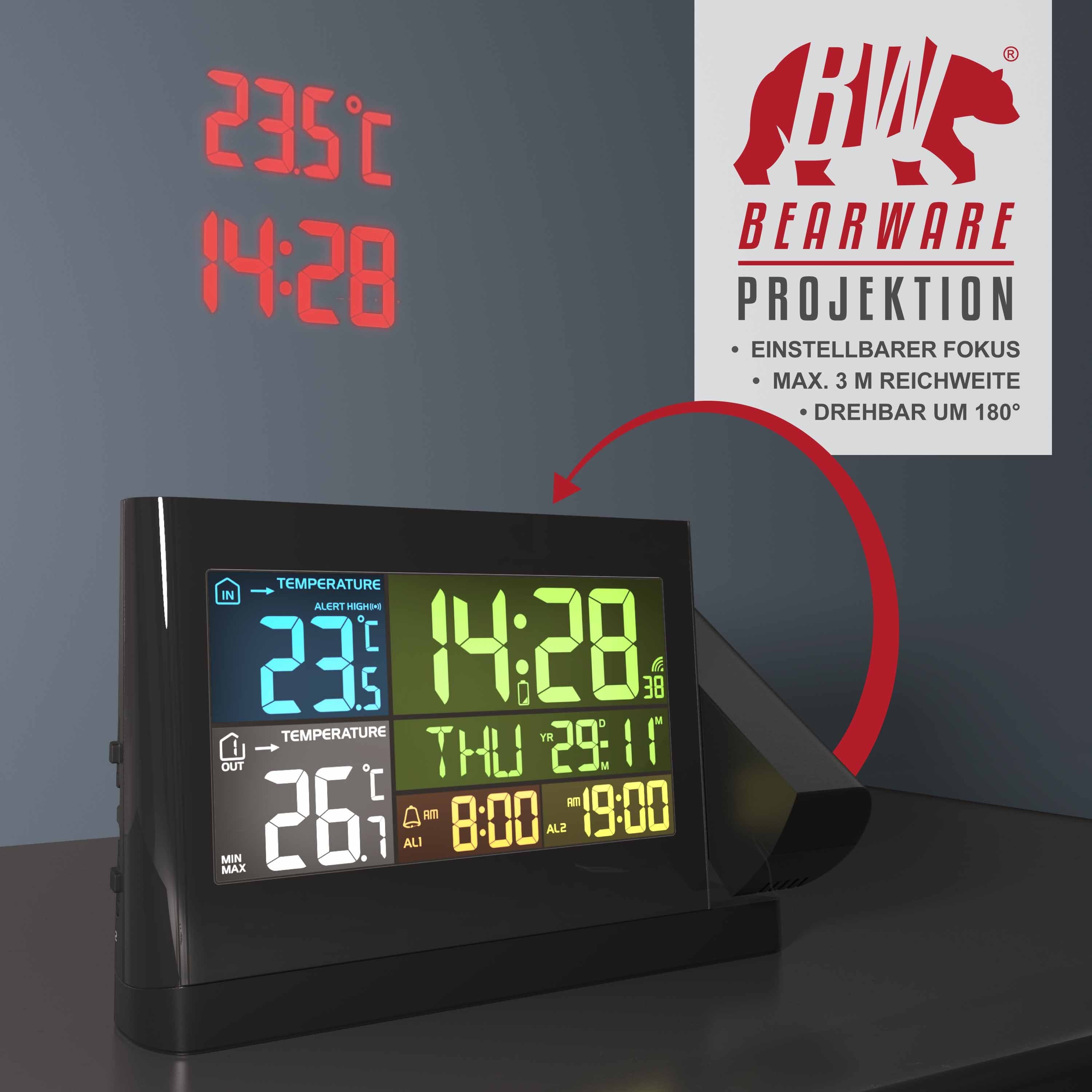 BEARWARE Wetterstation (mit Außensensor, Funkwetterstation mit Projektion (um 180° drehbar) & Farbdisplay)