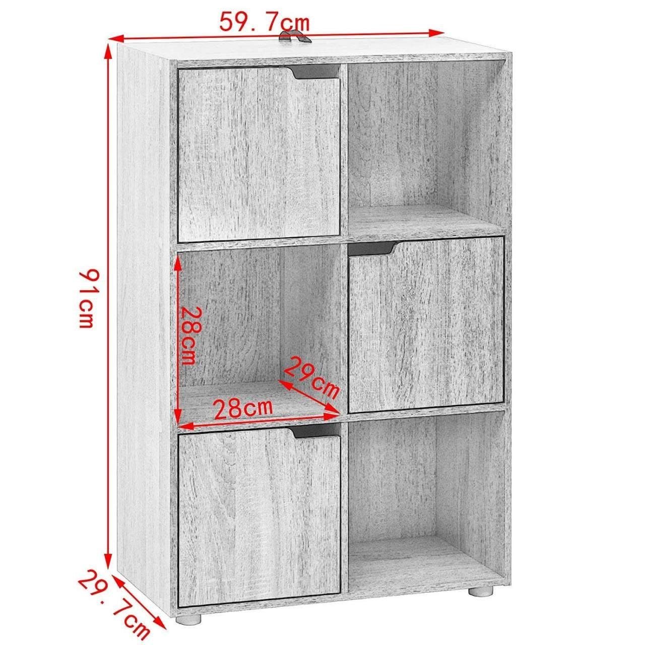 Woltu Bücherregal, 1-tlg., Standregal mit 3 Türen, MDF, 6 Fächer, 60x30x91cm