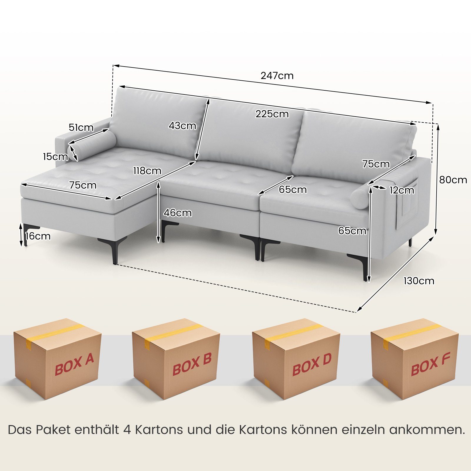 COSTWAY Ecksofa, mit Schlaffunktion, 2 USB-Anschlüsse&Steckdose, 322x130x80cm