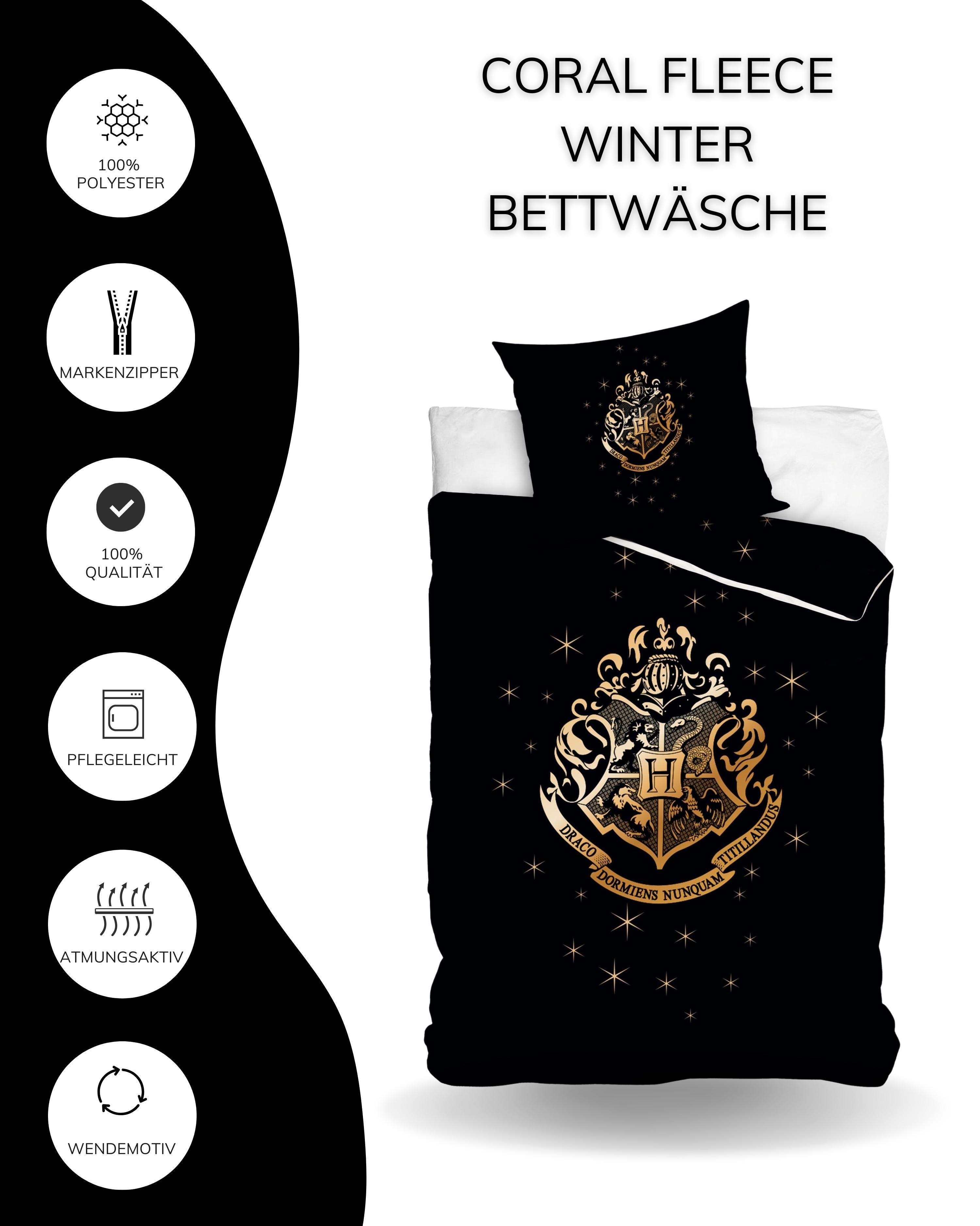 Bettwäsche Harry Potter Hogwarts 135x200 + 80x80 cm, Winter Plüsch Teddy, MTOnlinehandel, Coral Fleece, 2 teilig, kuscheliger als Biber oder Flanell