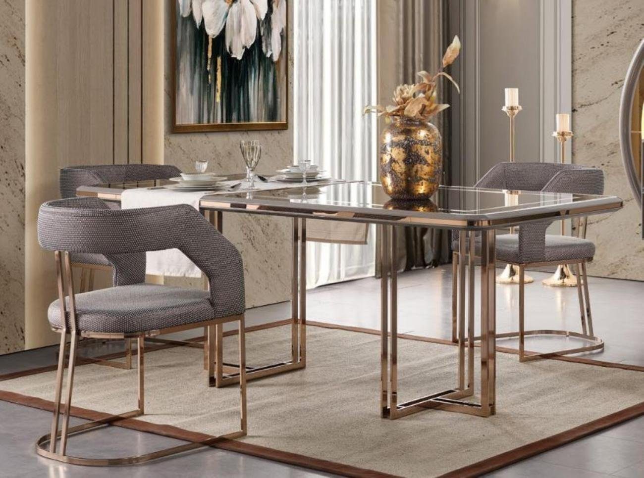 JVmoebel Esszimmer-Set Essgarnitur Essgruppe Esszimmer Esstisch Stühle Gold Holz Set 7tlg, (7-St., 1x Tisch + 6x Stühle), Made in Europa