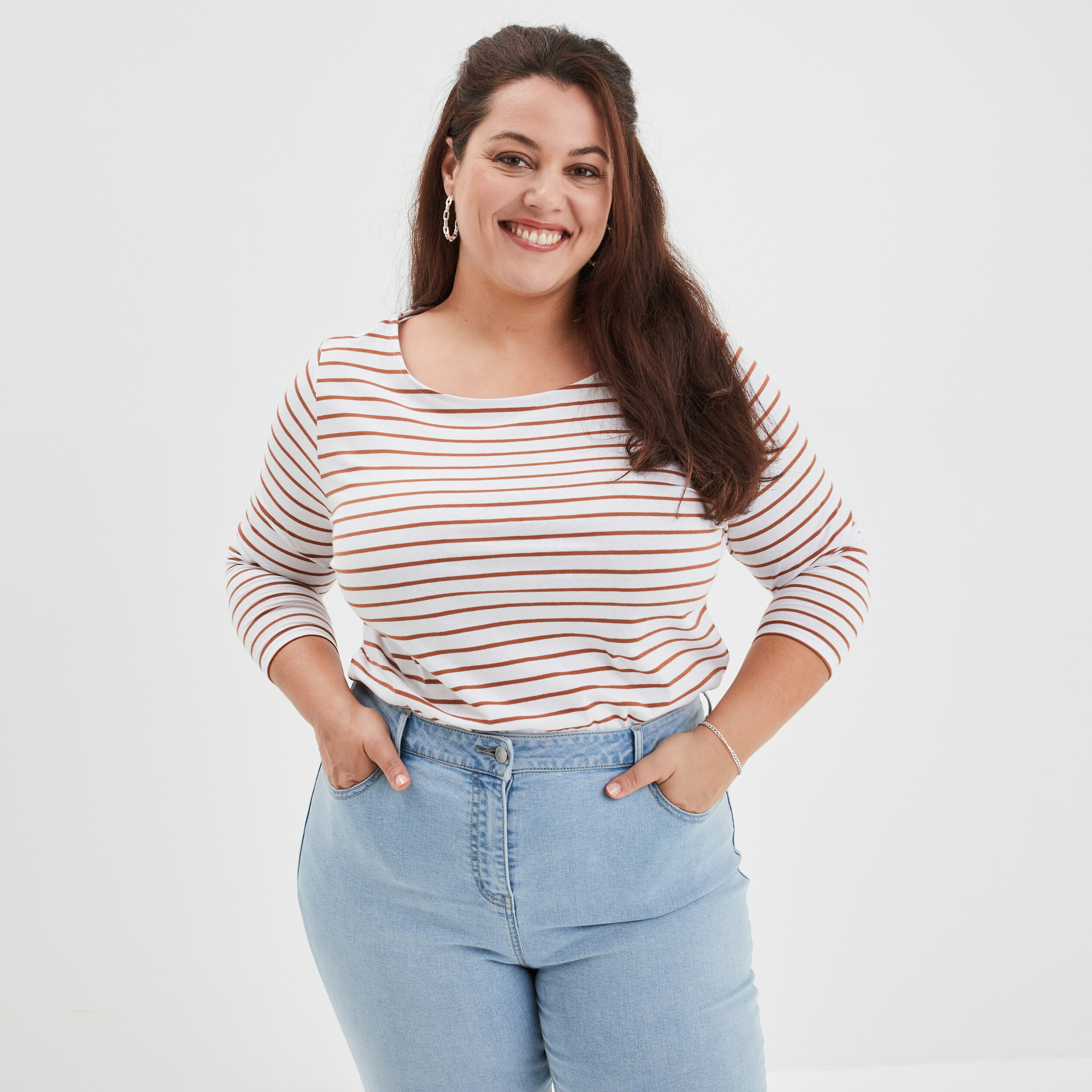T-shirt marinière col rond manches 3 4 ecru femme grande taille | La Halle