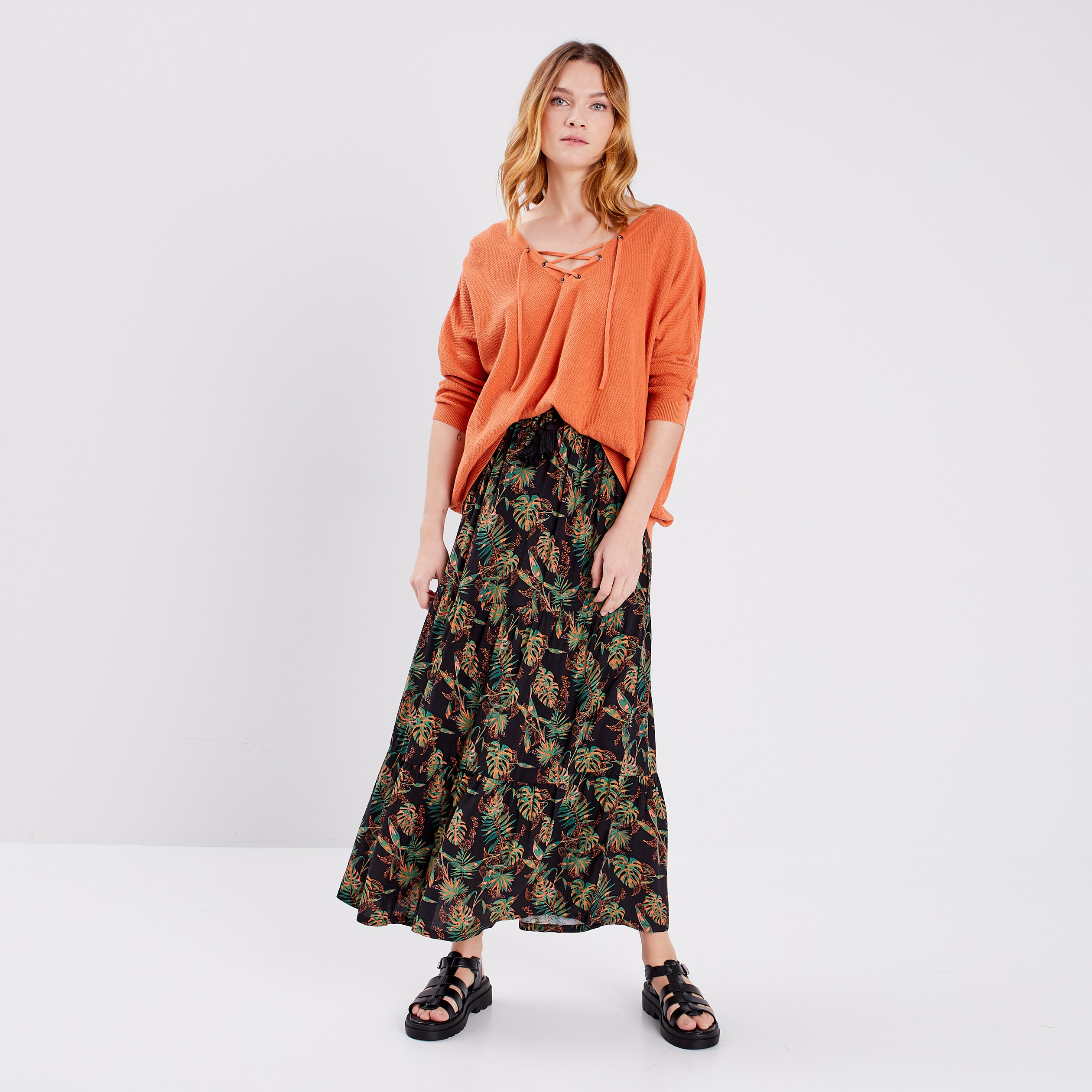 Pull manches 3 4 col lacet Liberto orange corail femme | La Halle