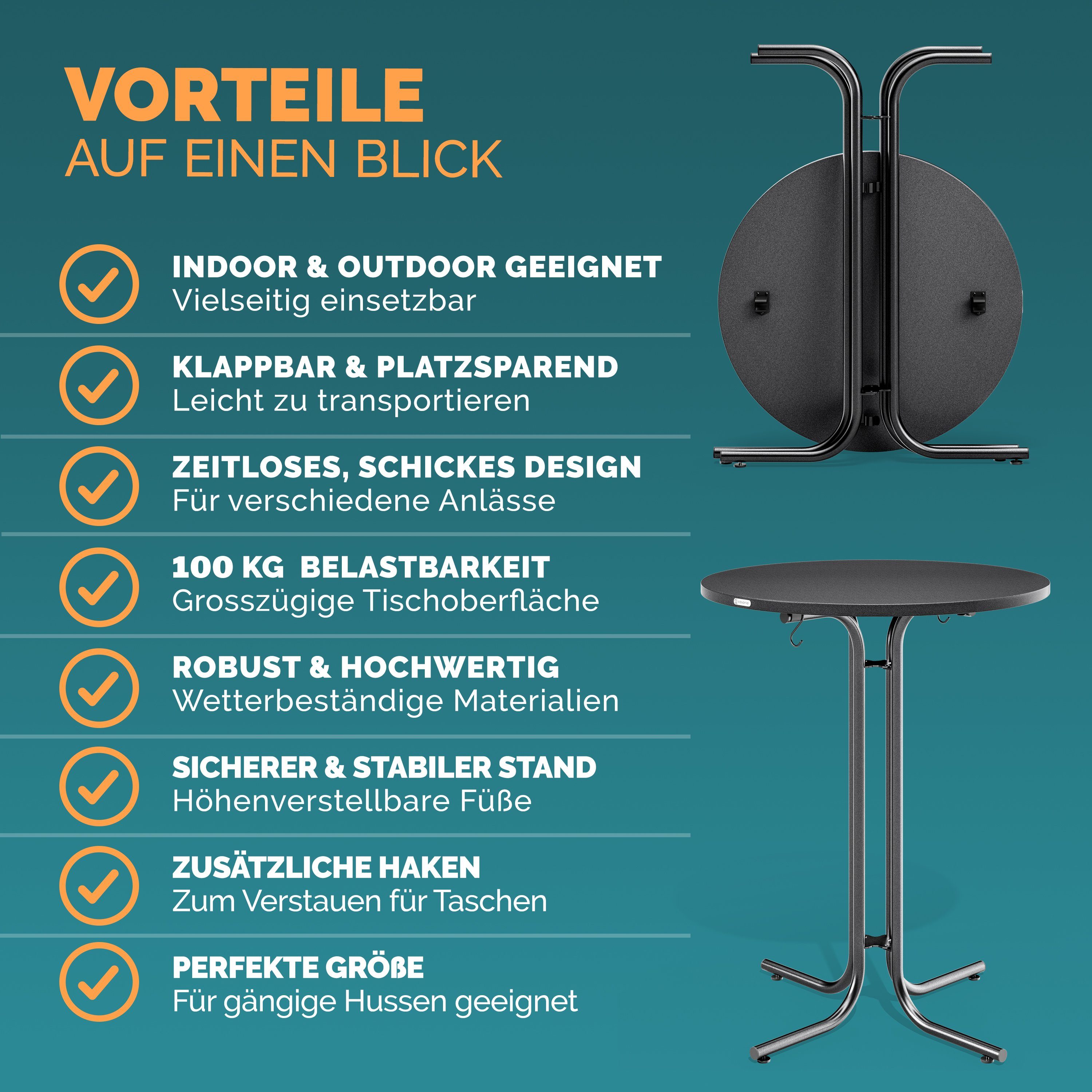 Casaria Stehtisch, Ø70x110 cm klappbar rund Garten Holz Metall Hochtisch Partytisch grau